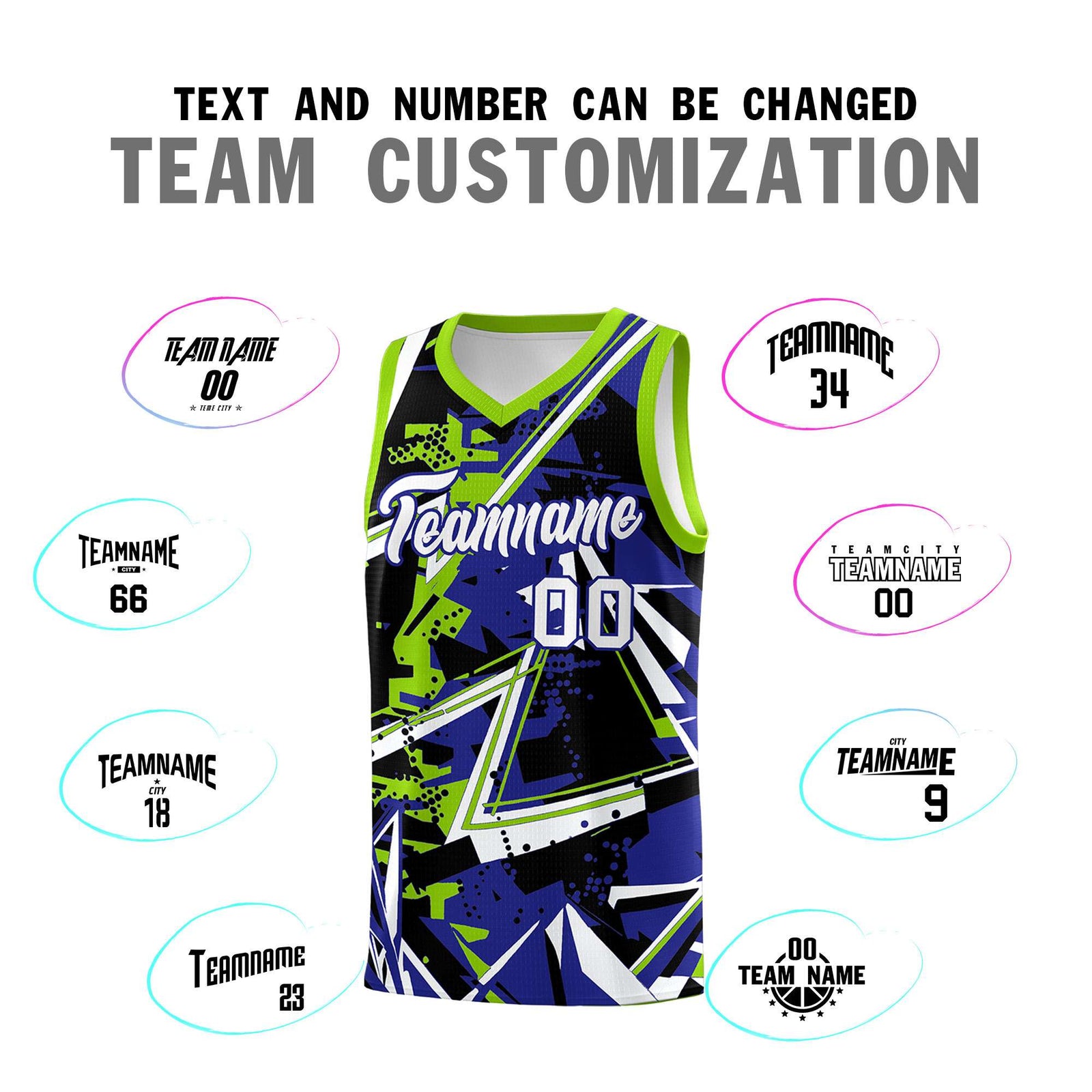 Custom Youth Basketball Jerseys Royal Neon Green Abstract Graffiti Urban Style Personalized Uniform