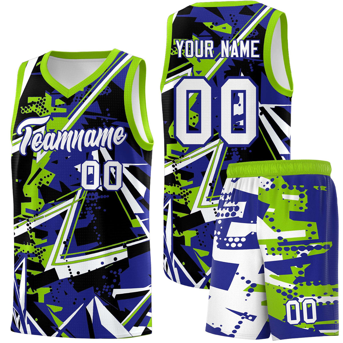 Custom Youth Basketball Jerseys Royal Neon Green Abstract Graffiti Urban Style Personalized Uniform