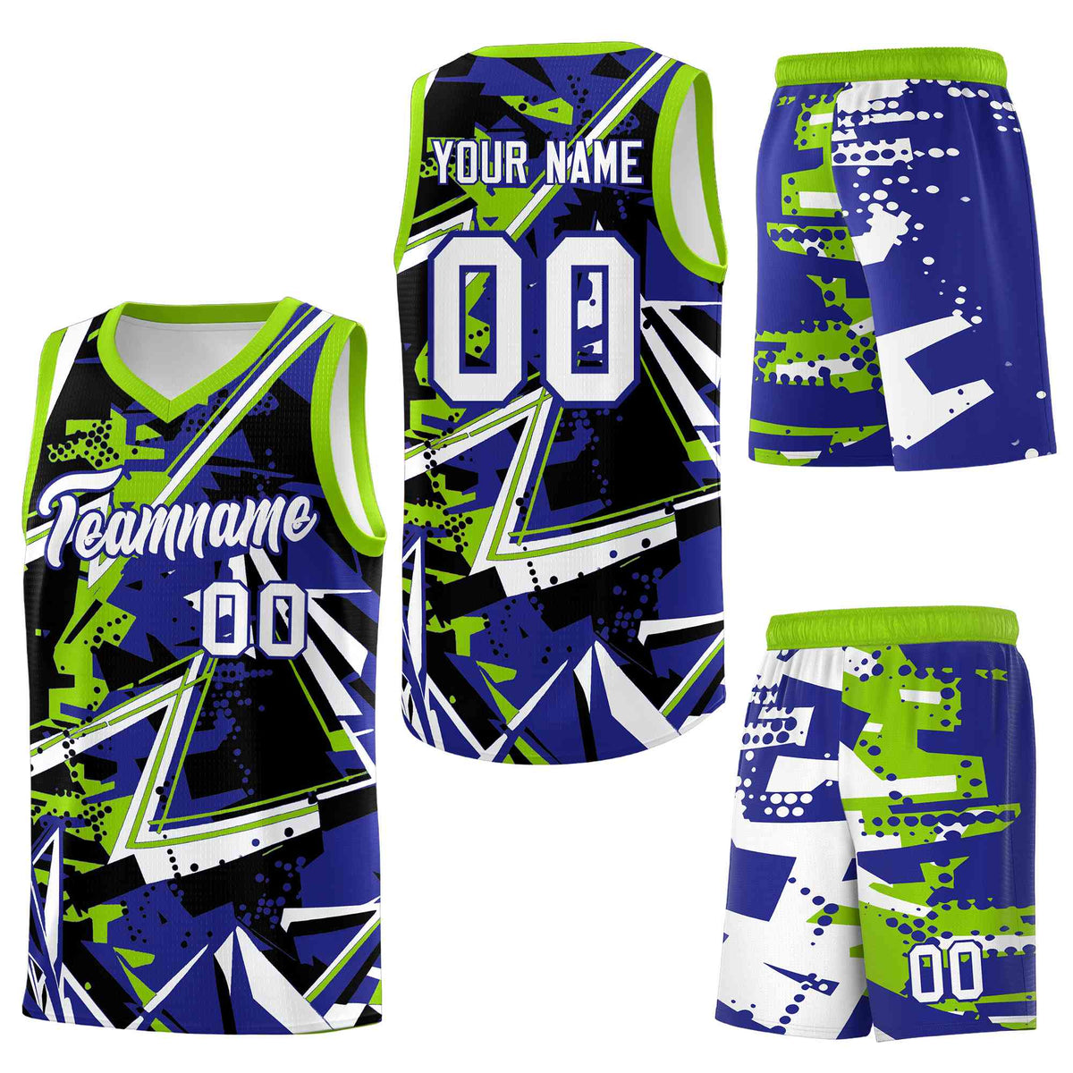 Custom Youth Basketball Jerseys Royal Neon Green Abstract Graffiti Urban Style Personalized Uniform