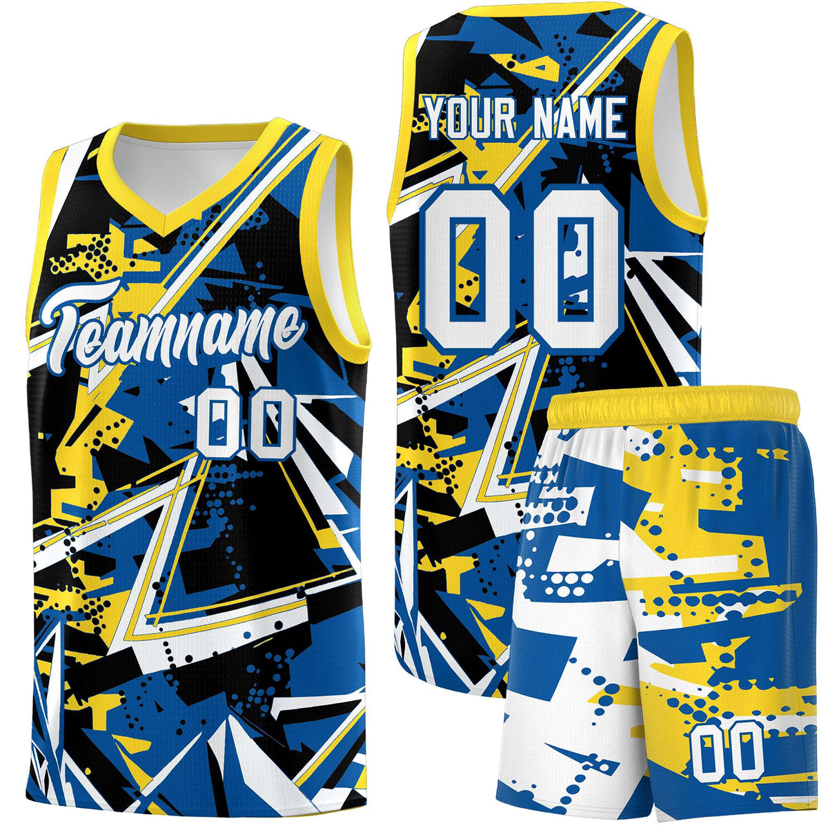 Custom Youth Basketball Jerseys Royal Gold Abstract Graffiti Personalized Team Name & Number