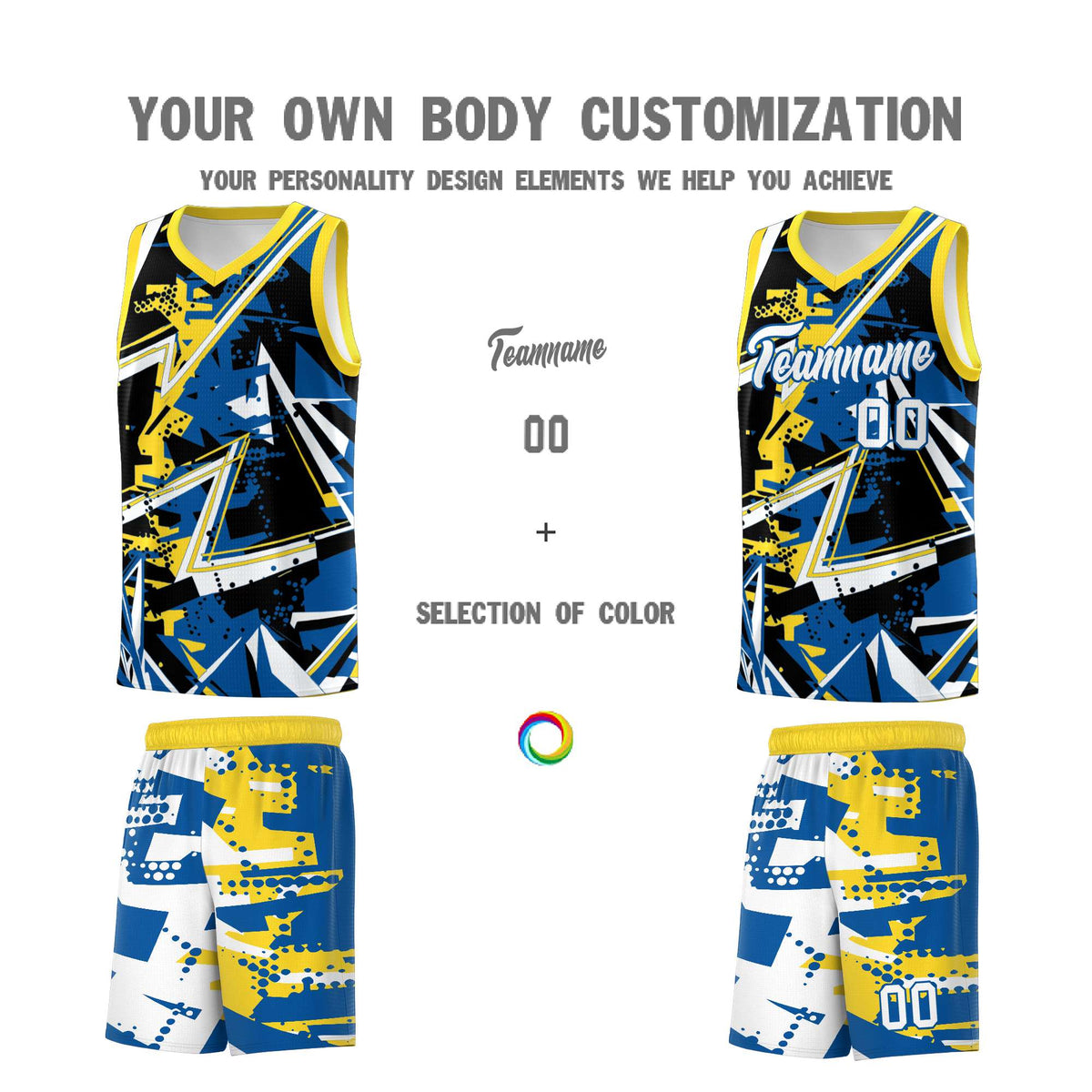Custom Youth Basketball Jerseys Royal Gold Abstract Graffiti Personalized Team Name & Number