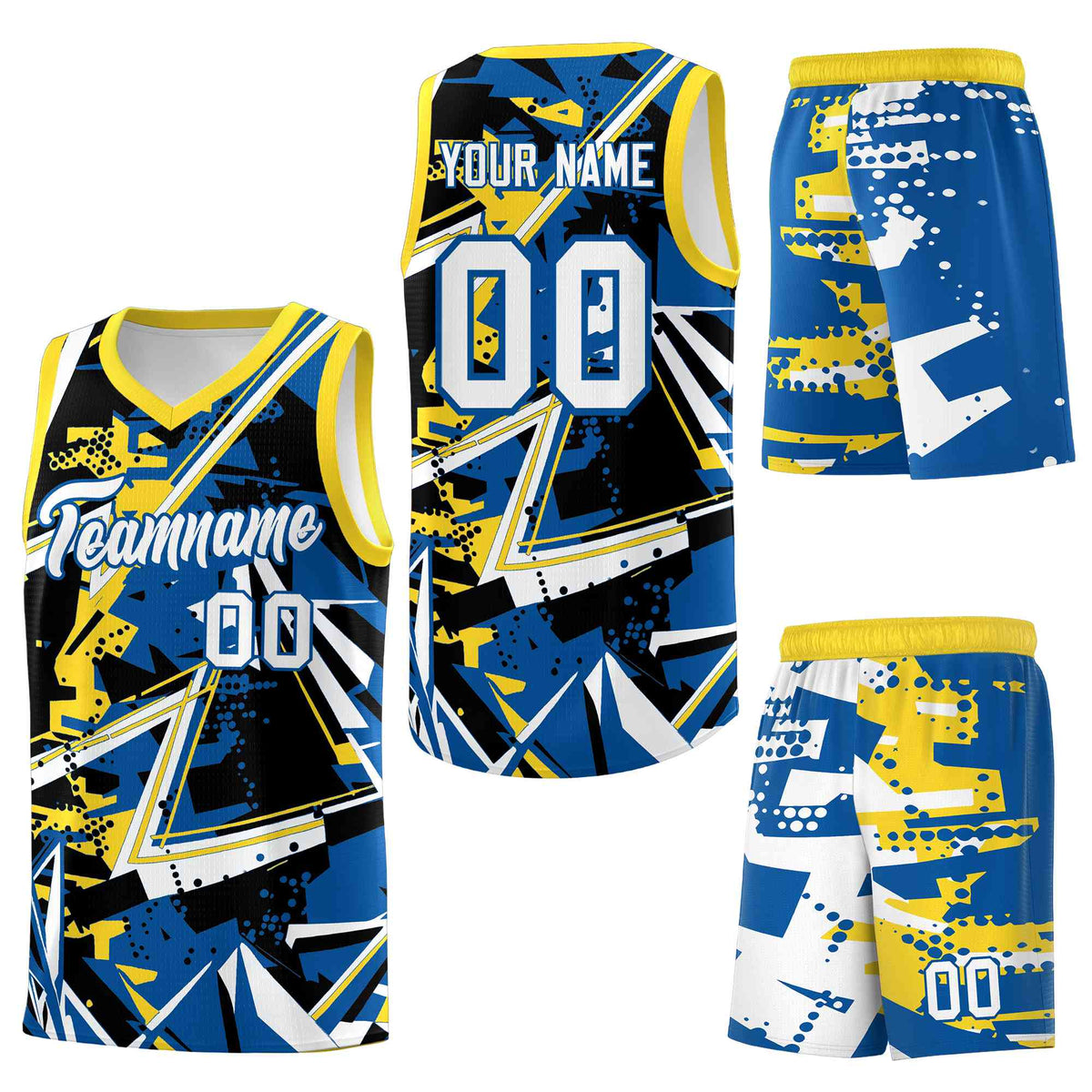 Custom Youth Basketball Jerseys Royal Gold Abstract Graffiti Personalized Team Name &amp; Number