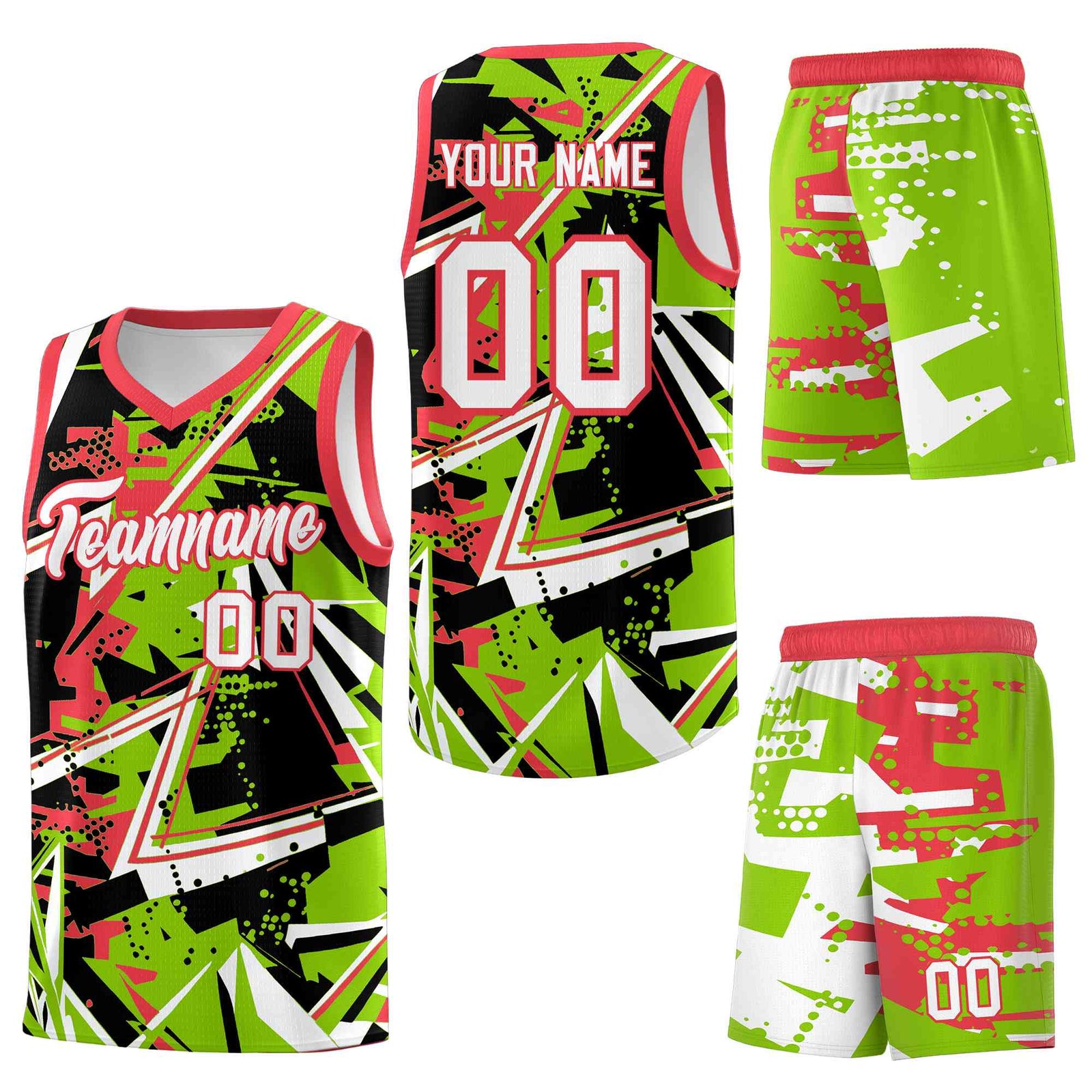 Custom Youth Basketball Jerseys Neon Green Light Red Abstract Graffiti Personalized Street Style Uniform