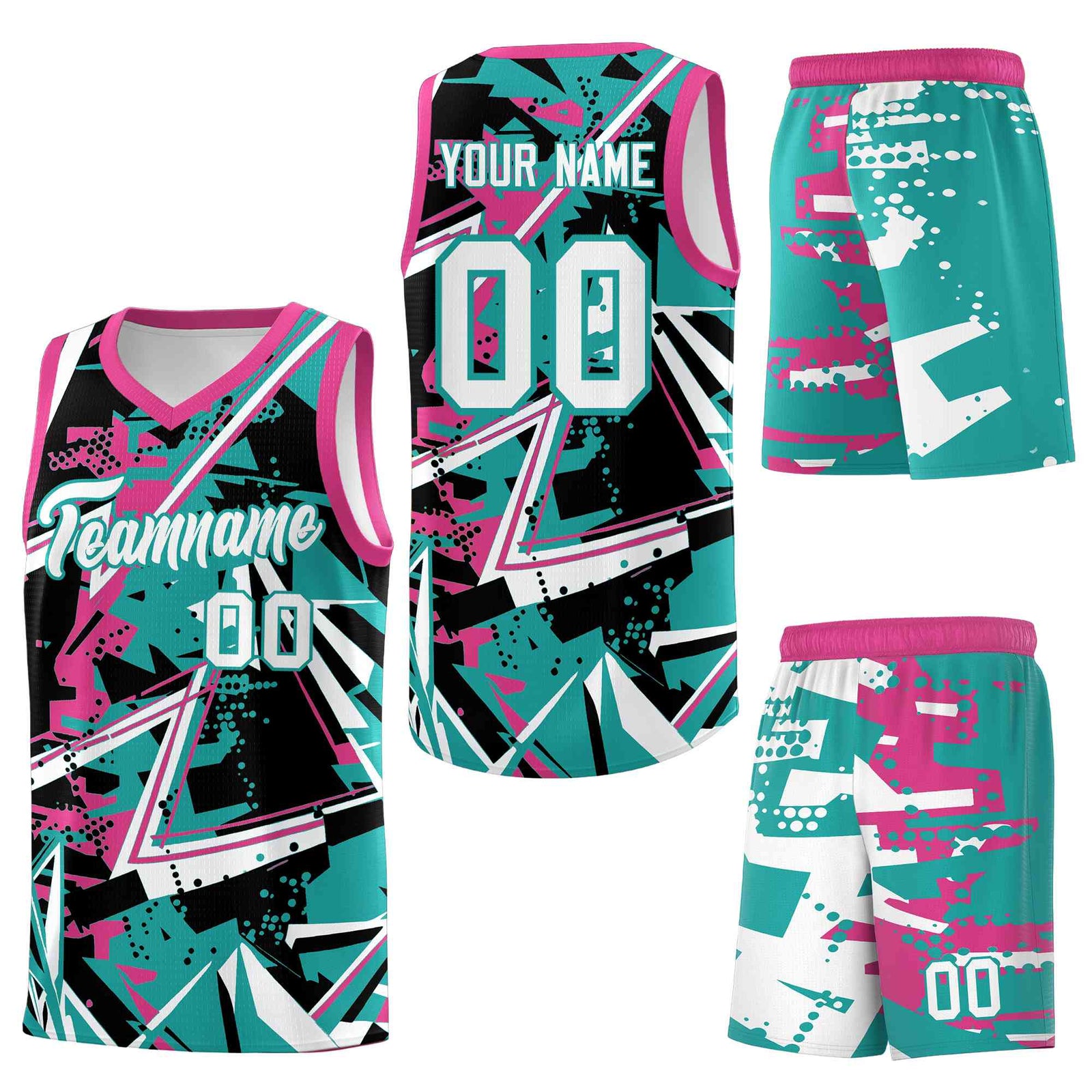 Custom Youth Basketball Jerseys Aqua Rose Red Abstract Graffiti Urban Style Personalized Uniform