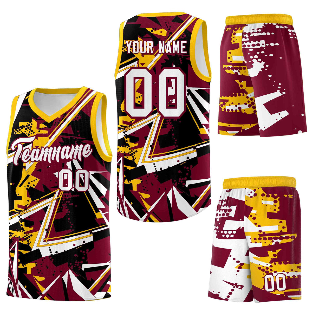 Custom Youth Basketball Jerseys Crimson Yellow Abstract Graffiti Urban Style Personalized Uniform