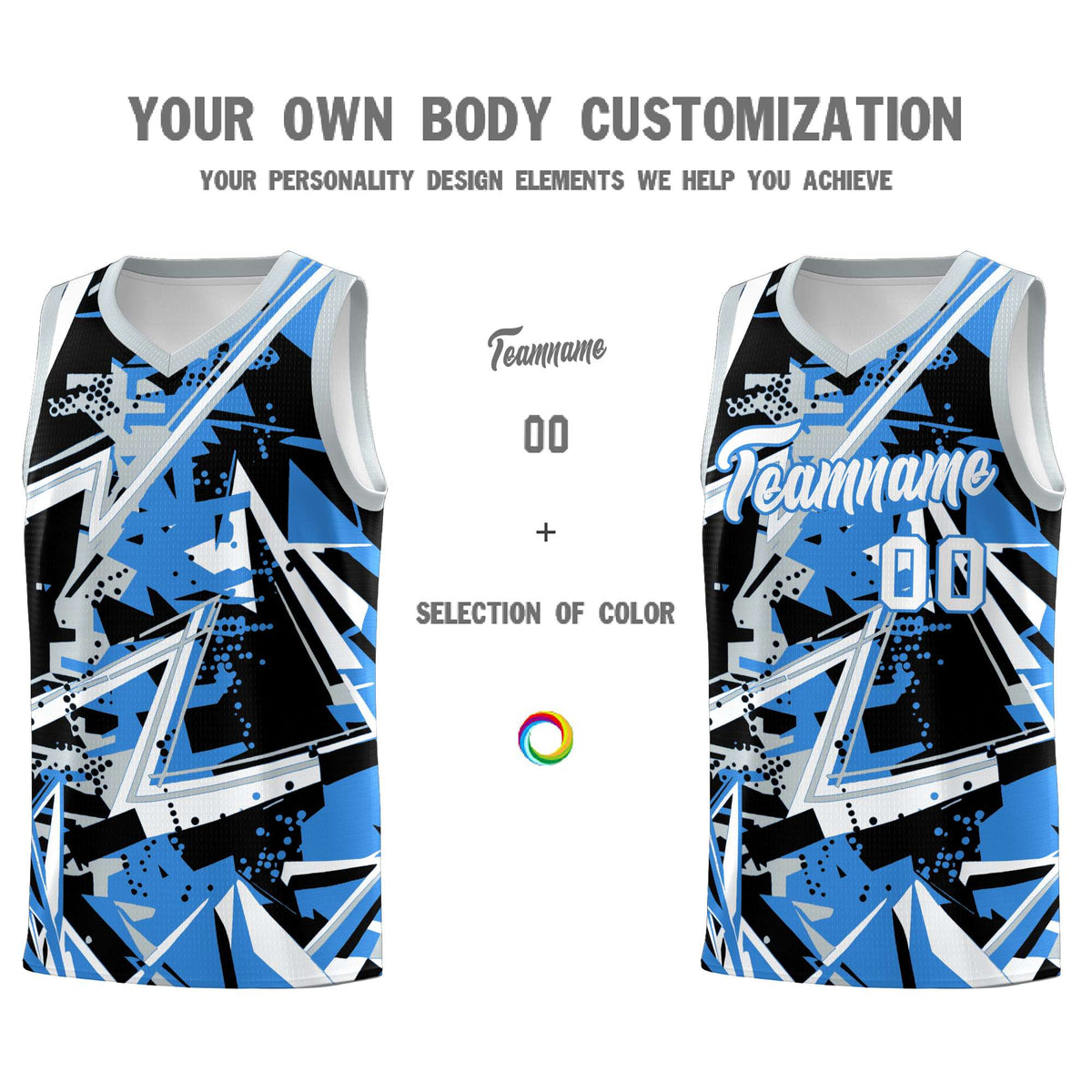 Custom Youth Basketball Jerseys Light Blue Silver Abstract Graffiti Personalized Team Name &amp; Number