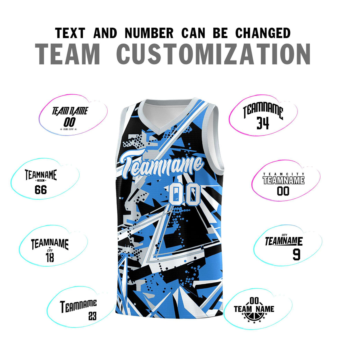Custom Youth Basketball Jerseys Light Blue Silver Abstract Graffiti Personalized Team Name &amp; Number