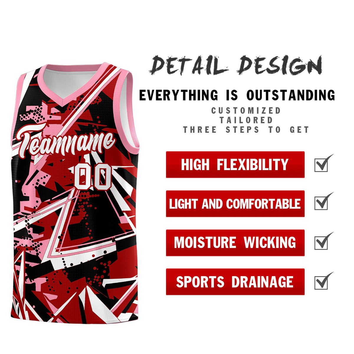 Custom Youth Basketball Jerseys Red Light Pink Abstract Graffiti Personalized Street Style Uniform