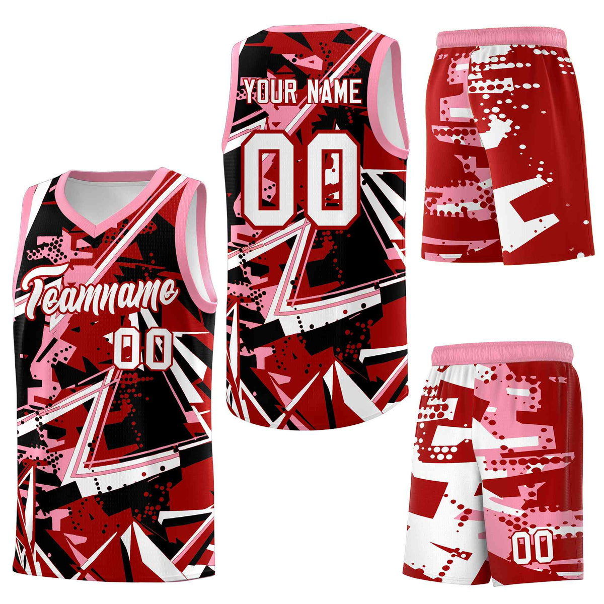 Custom Youth Basketball Jerseys Red Light Pink Abstract Graffiti Personalized Street Style Uniform