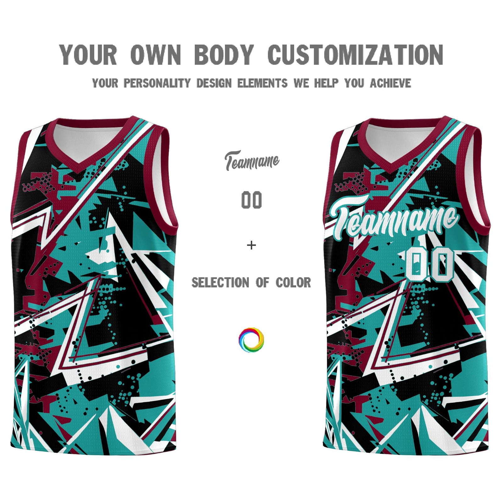 Custom Youth Basketball Jerseys Teal Crimson Abstract Graffiti Personalized Team Name & Number