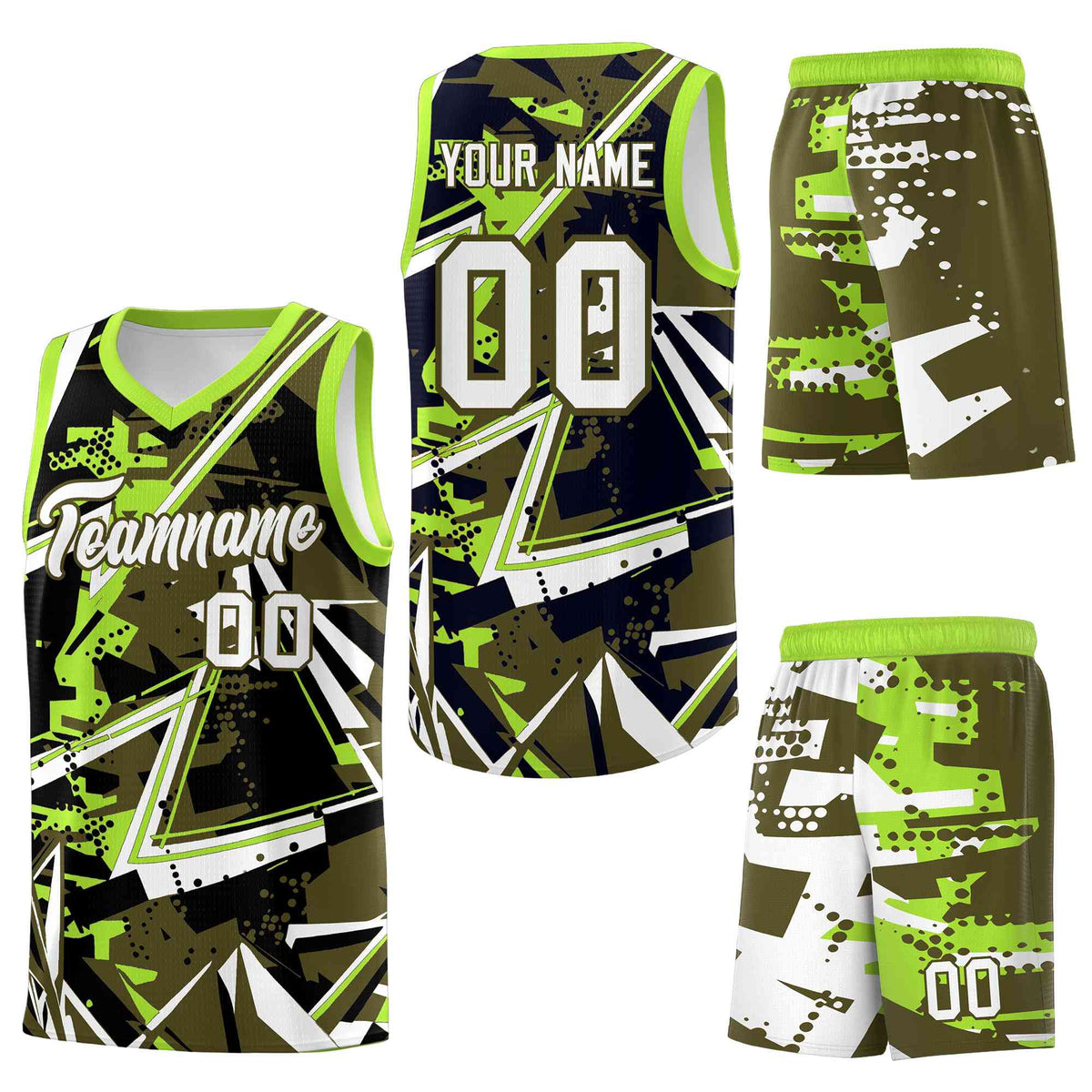 Custom Youth Basketball Jerseys Olive Neon Green Abstract Graffiti Personalized Street Style Uniform
