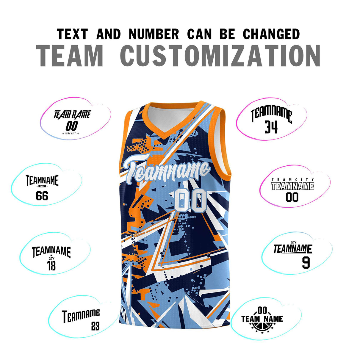 Custom Youth Basketball Jerseys Powder Blue Orange Abstract Graffiti Personalized Team Name &amp; Number