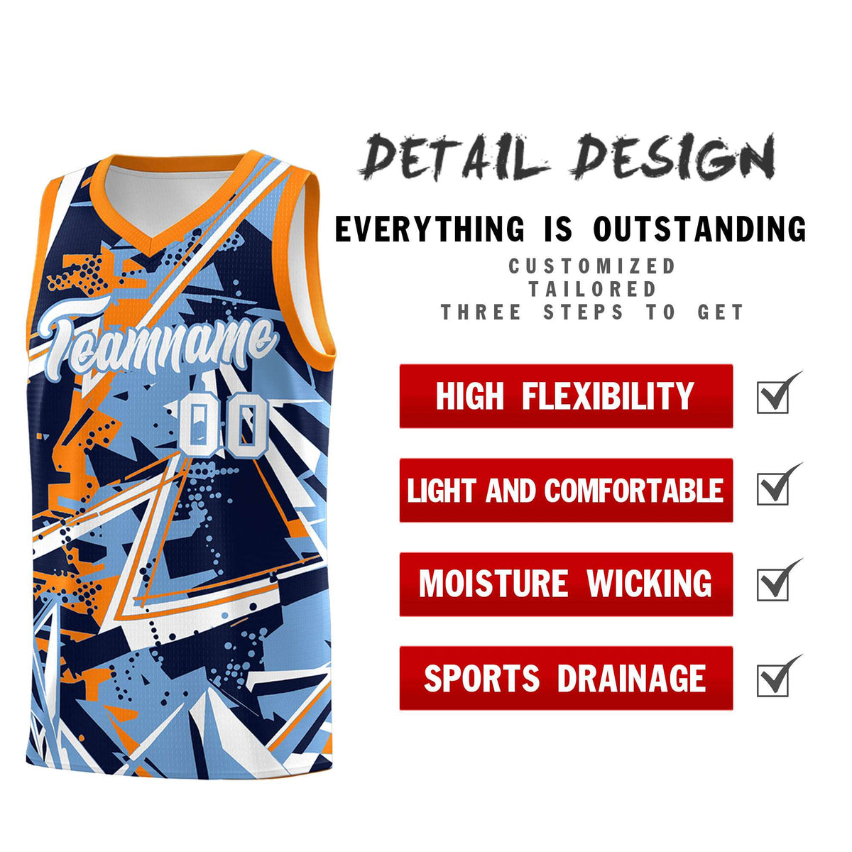 Custom Youth Basketball Jerseys Powder Blue Orange Abstract Graffiti Personalized Team Name &amp; Number