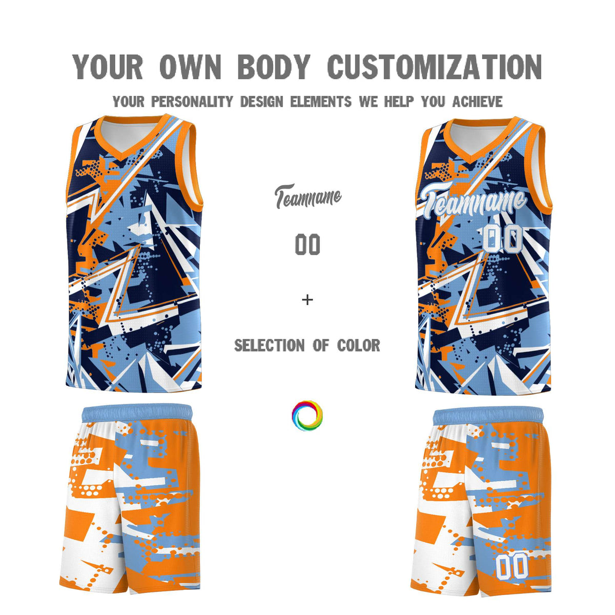 Custom Youth Basketball Jerseys Powder Blue Orange Abstract Graffiti Personalized Team Name &amp; Number