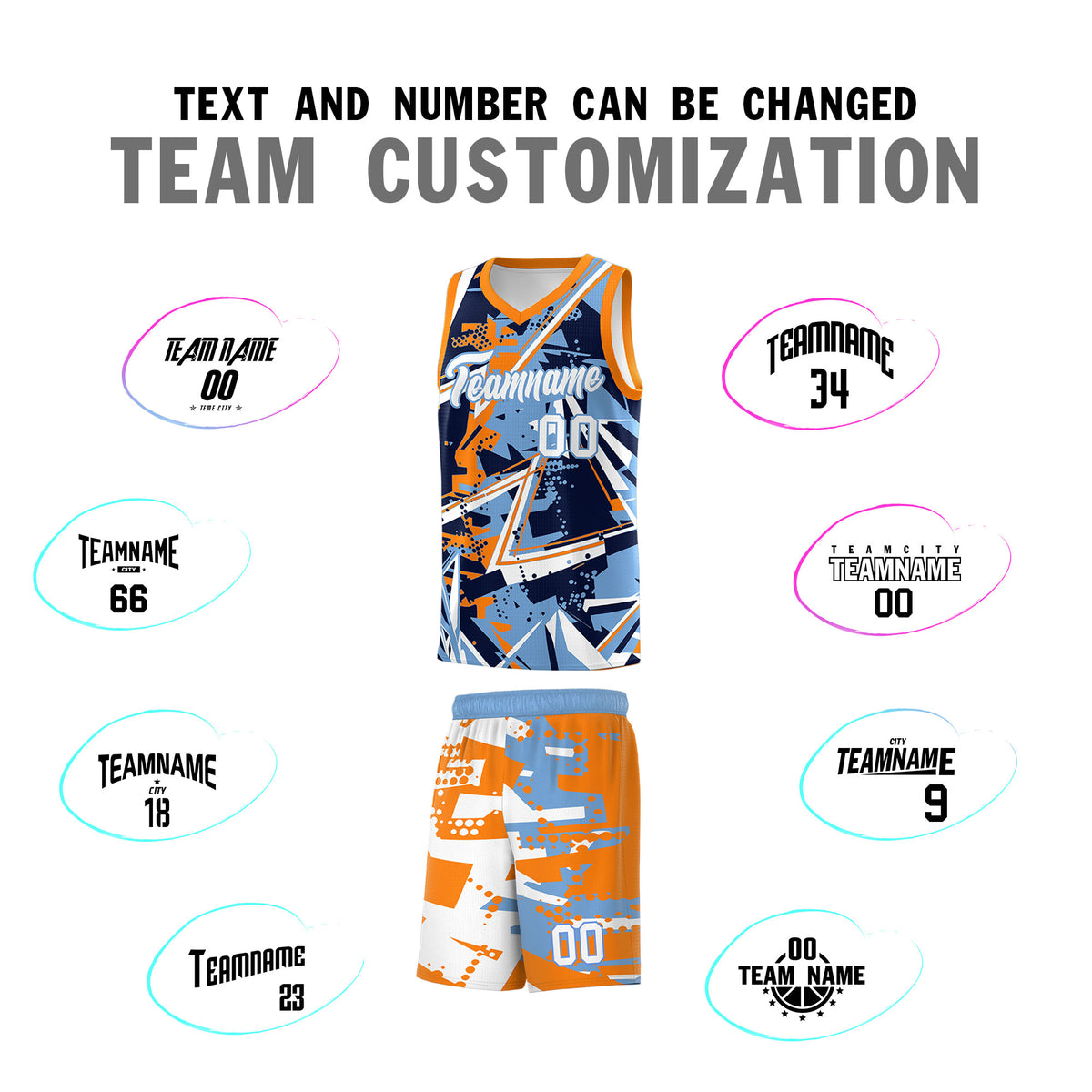 Custom Youth Basketball Jerseys Powder Blue Orange Abstract Graffiti Personalized Team Name &amp; Number