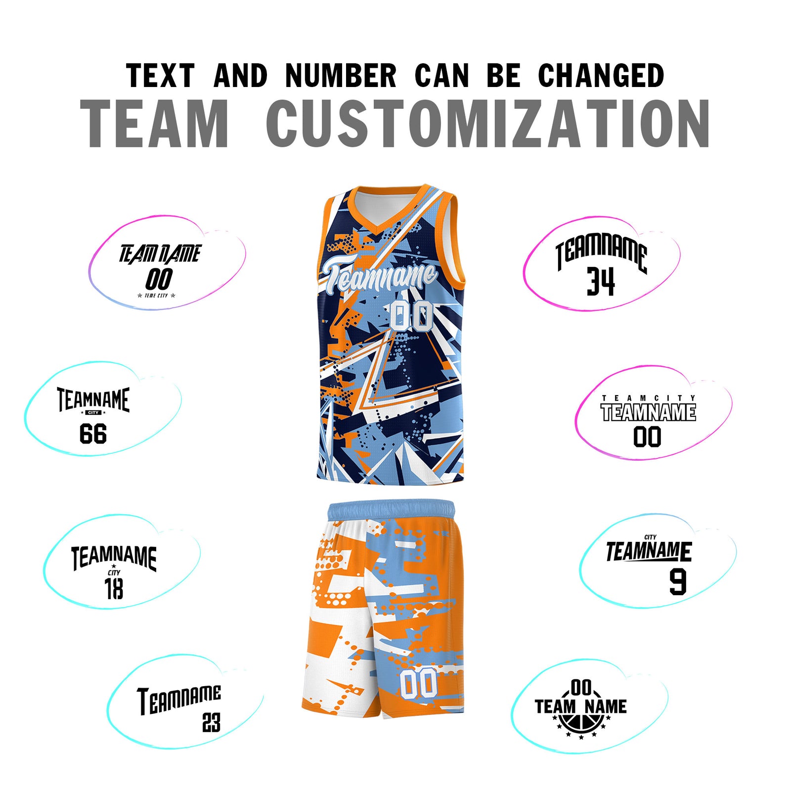 Custom Youth Basketball Jerseys Powder Blue Orange Abstract Graffiti Personalized Team Name & Number