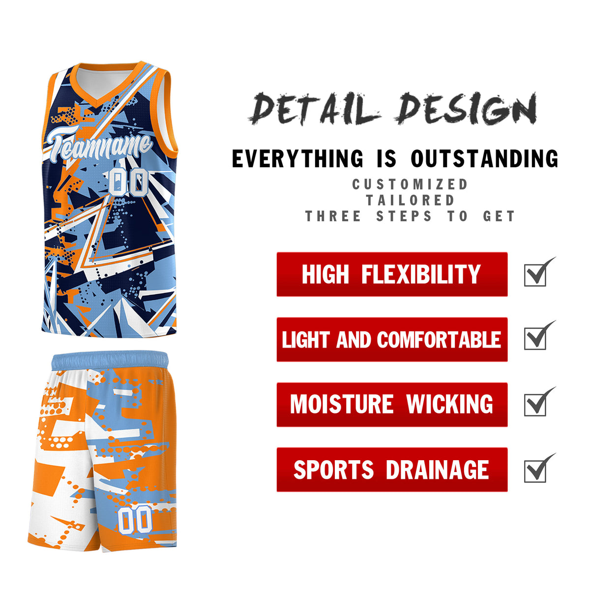 Custom Youth Basketball Jerseys Powder Blue Orange Abstract Graffiti Personalized Team Name &amp; Number