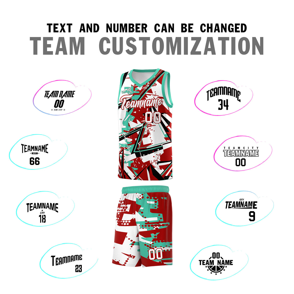 Custom Youth Basketball Jerseys Red Bright Green Abstract Graffiti Personalized Team Name & Number