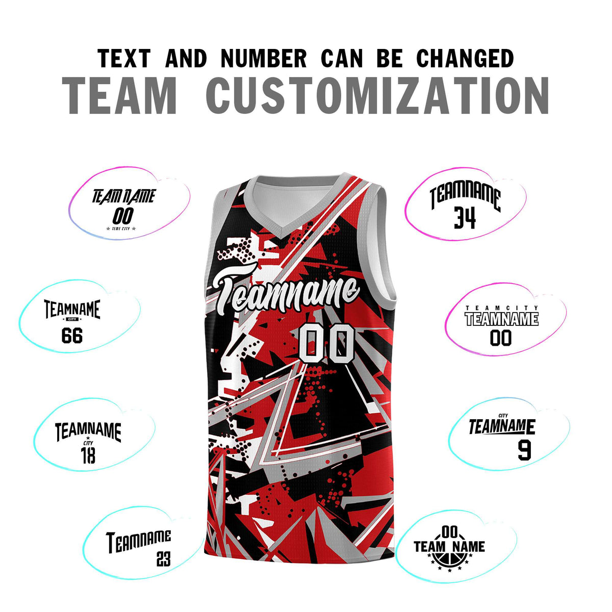 Custom Youth Basketball Jerseys Red Gray Abstract Graffiti Personalized Team Name &amp; Number