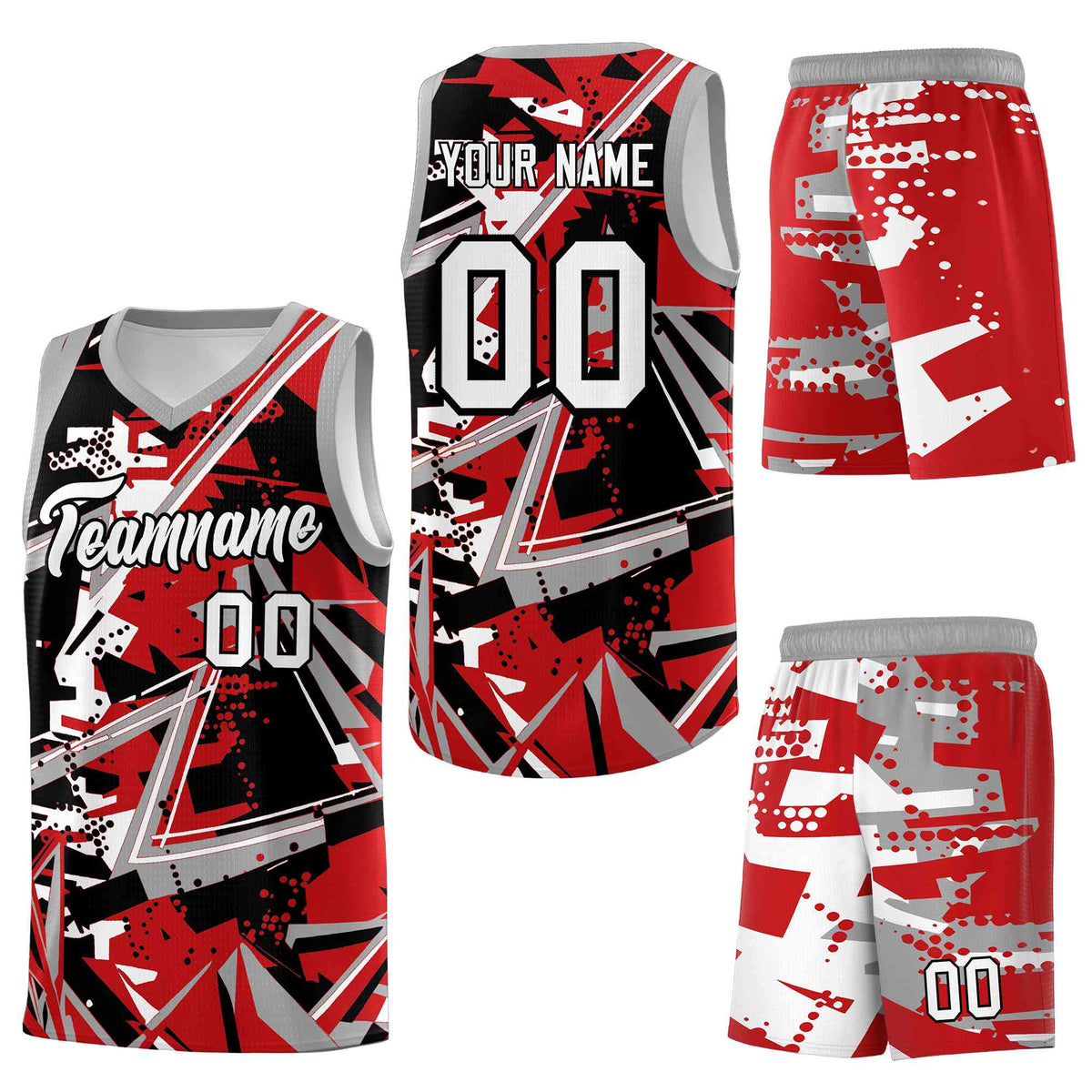 Custom Youth Basketball Jerseys Red Gray Abstract Graffiti Personalized Team Name &amp; Number