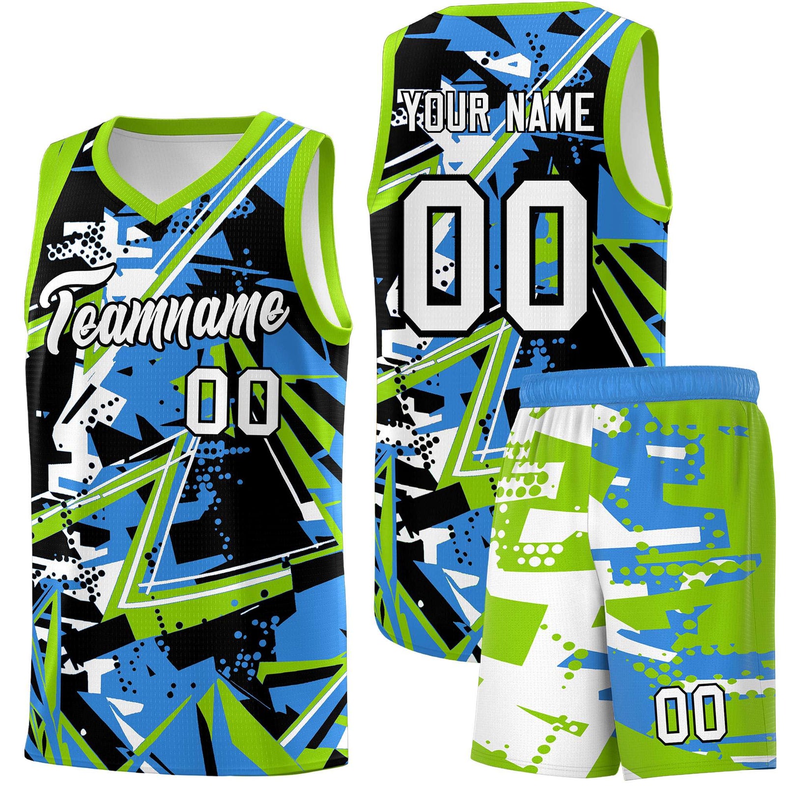 Custom Youth Basketball Jerseys Light Blue Neon Green Abstract Graffiti Personalized Street Style Uniform