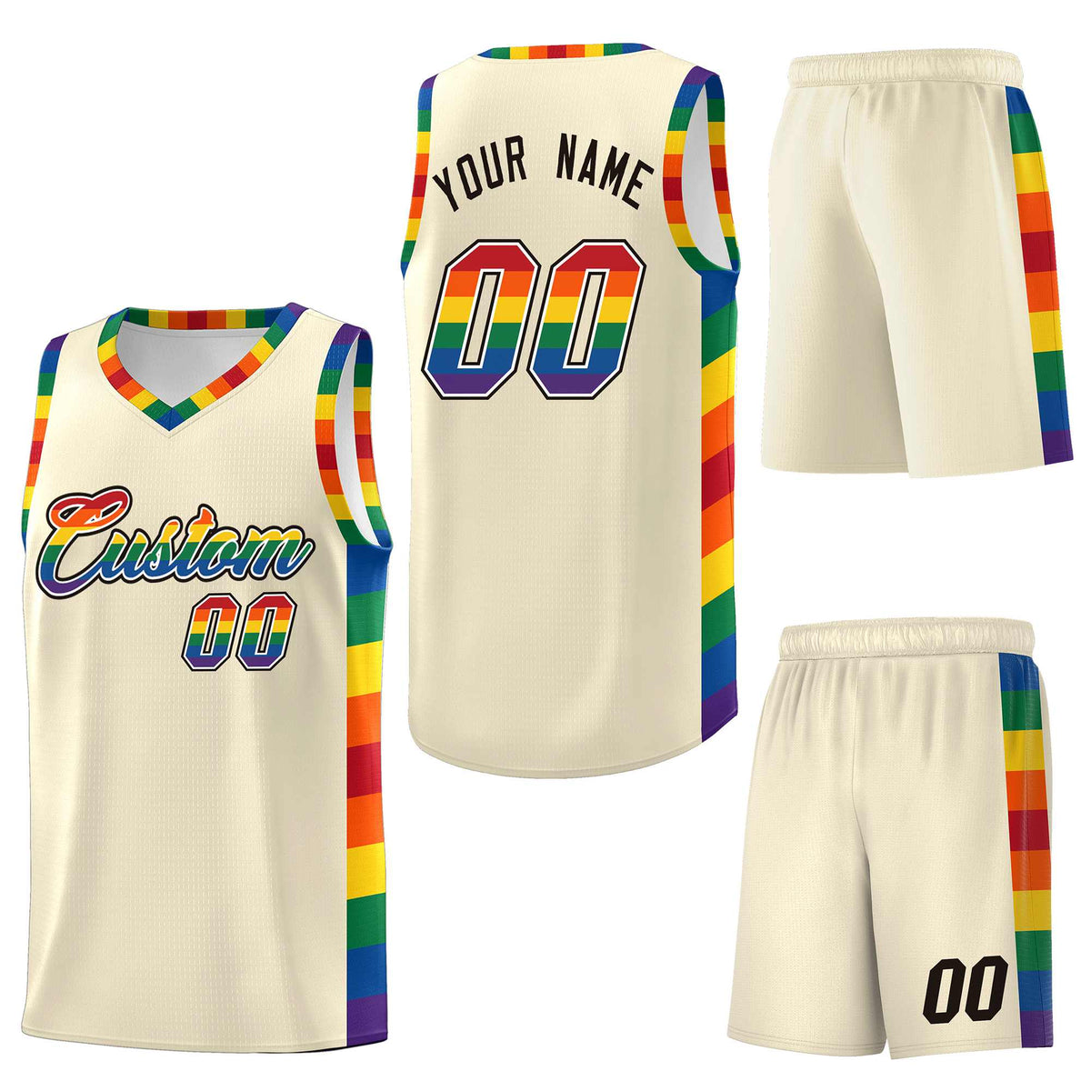 Custom Cream LGBT Rainbow For Pride Month Sports Uniform Basketball Jersey