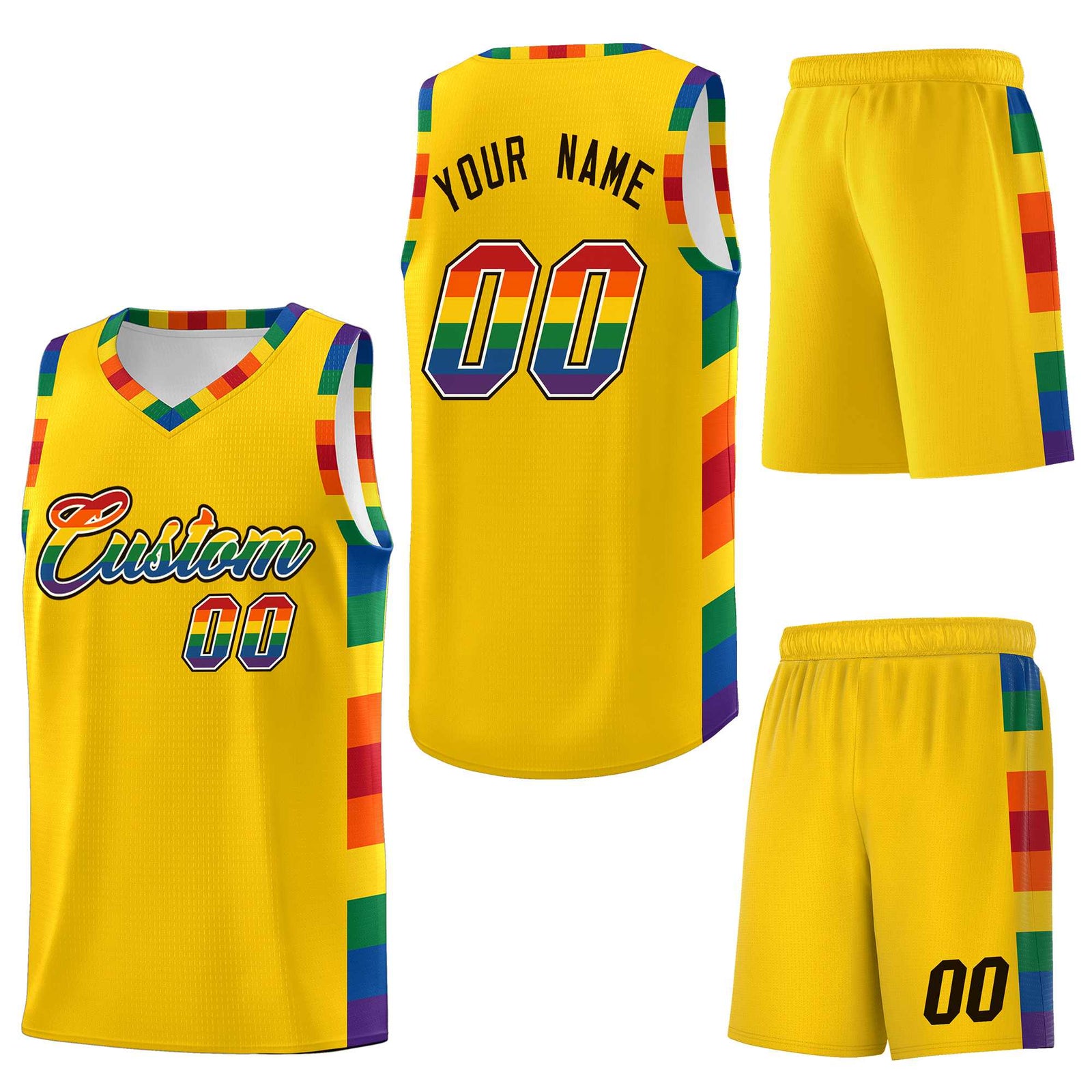 Custom Gold LGBT Rainbow For Pride Month Sports Uniform Basketball Jersey