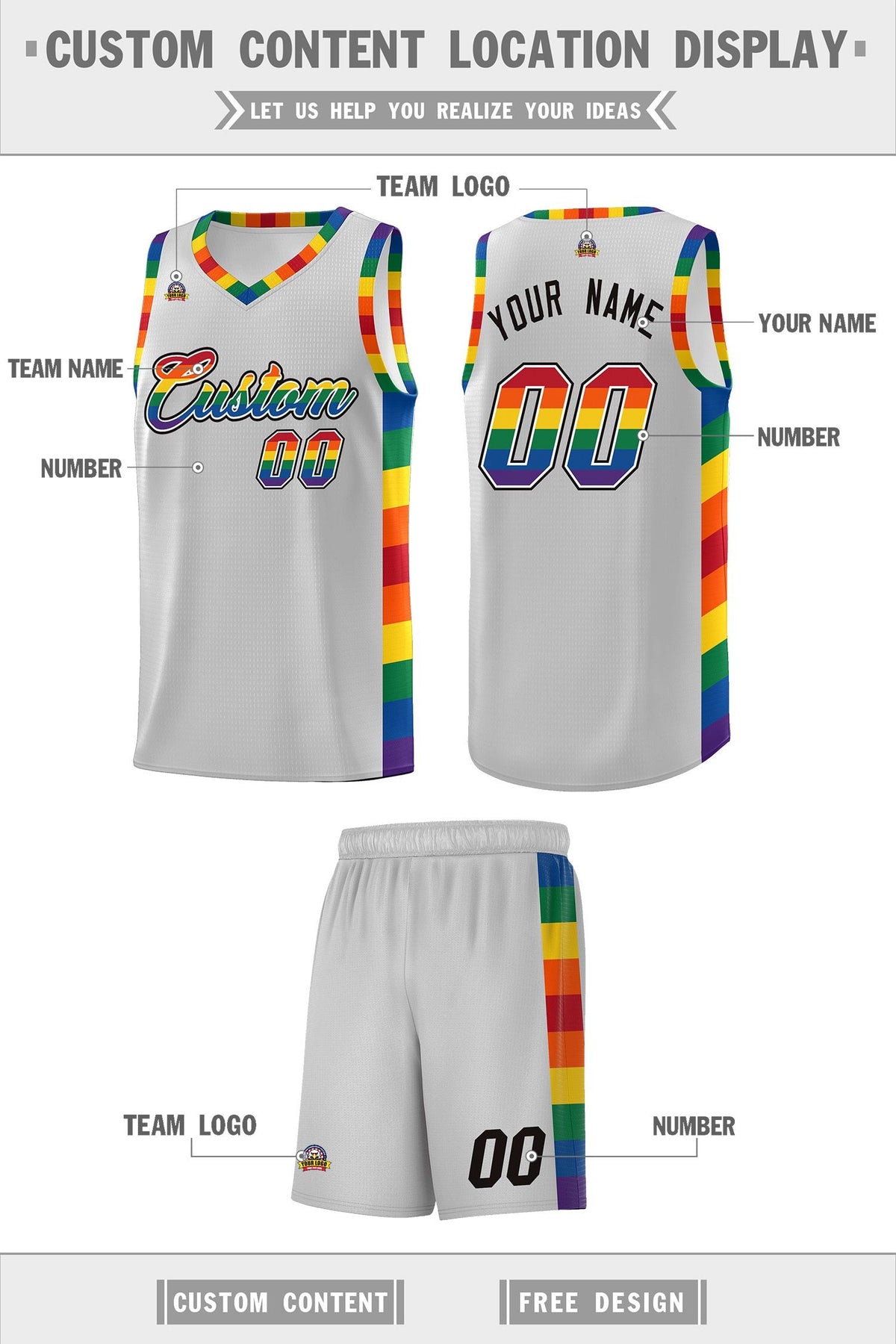 Custom Gray LGBT Rainbow For Pride Month Sports Uniform Basketball Jersey
