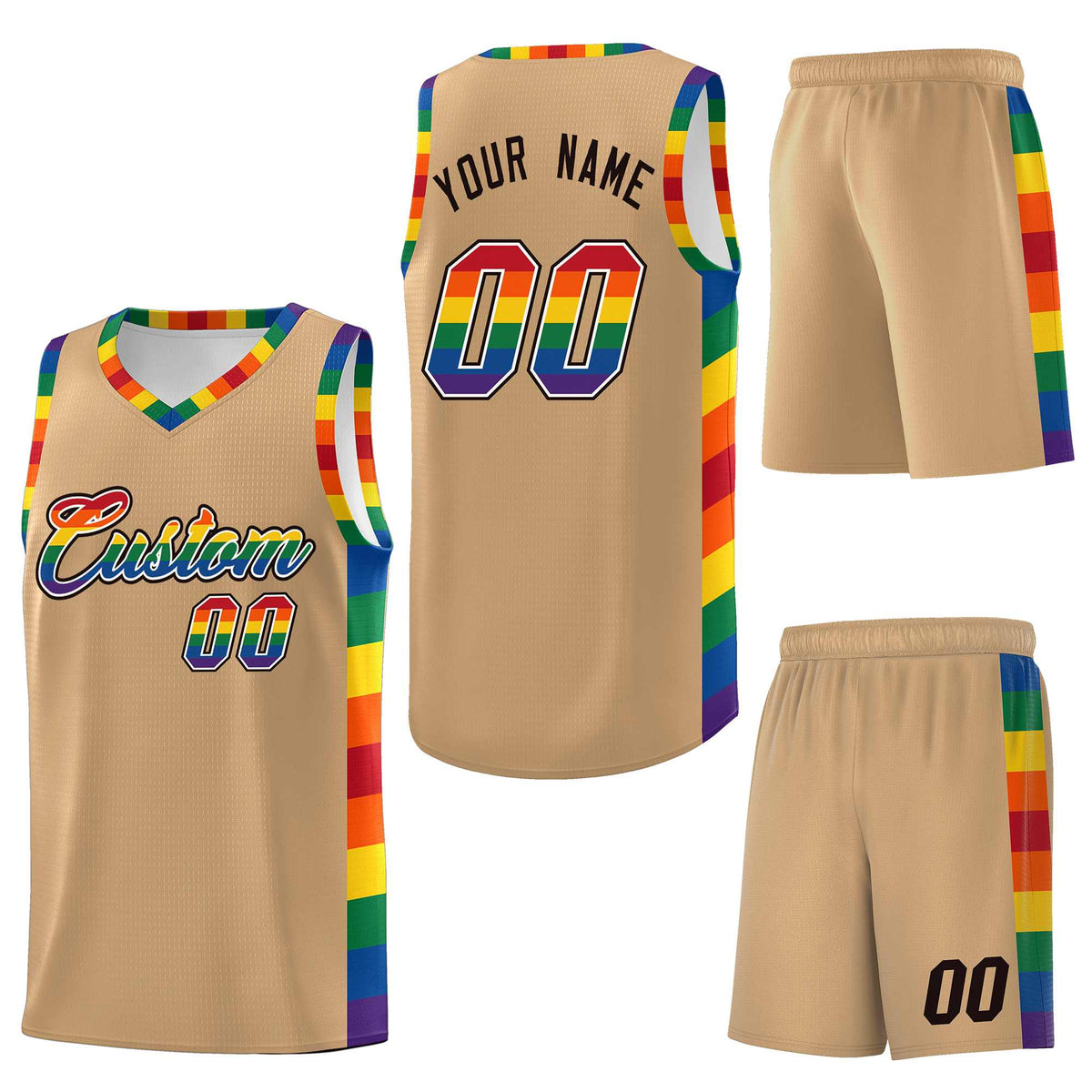 Custom Old Gold LGBT Rainbow For Pride Month Sports Uniform Basketball Jersey