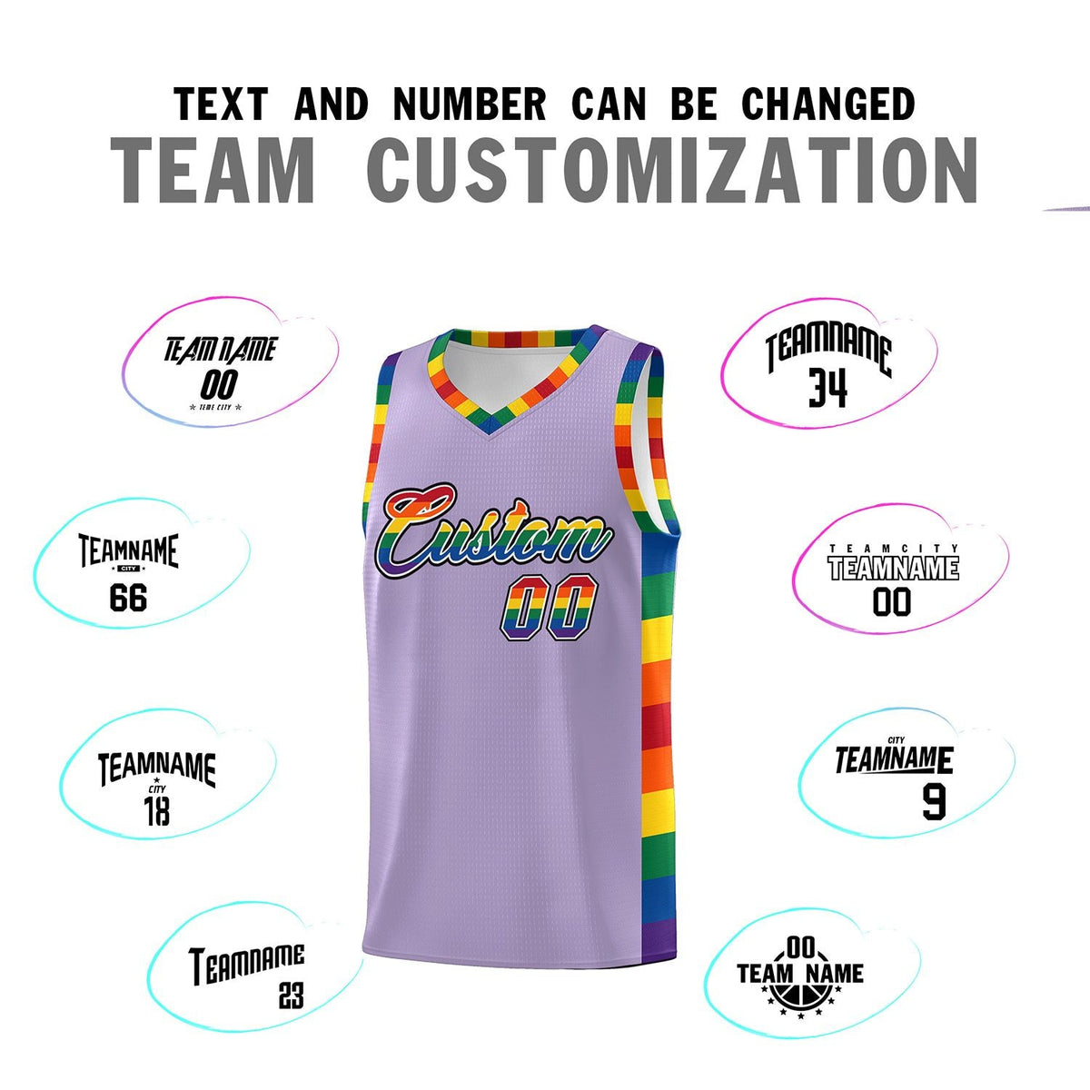 Custom Light Purple LGBT Rainbow For Pride Month Sports Uniform Basketball Jersey