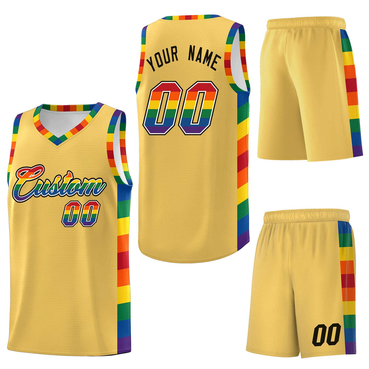 Custom Old Gold LGBT Rainbow For Pride Month Sports Uniform Basketball Jersey