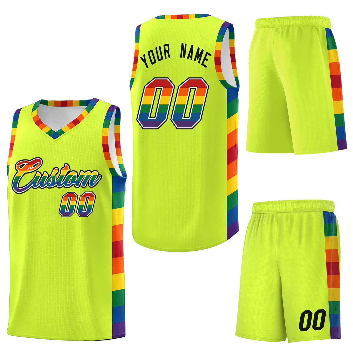 Custom Fluorescent Green LGBT Rainbow For Pride Month Sports Uniform Basketball Jersey