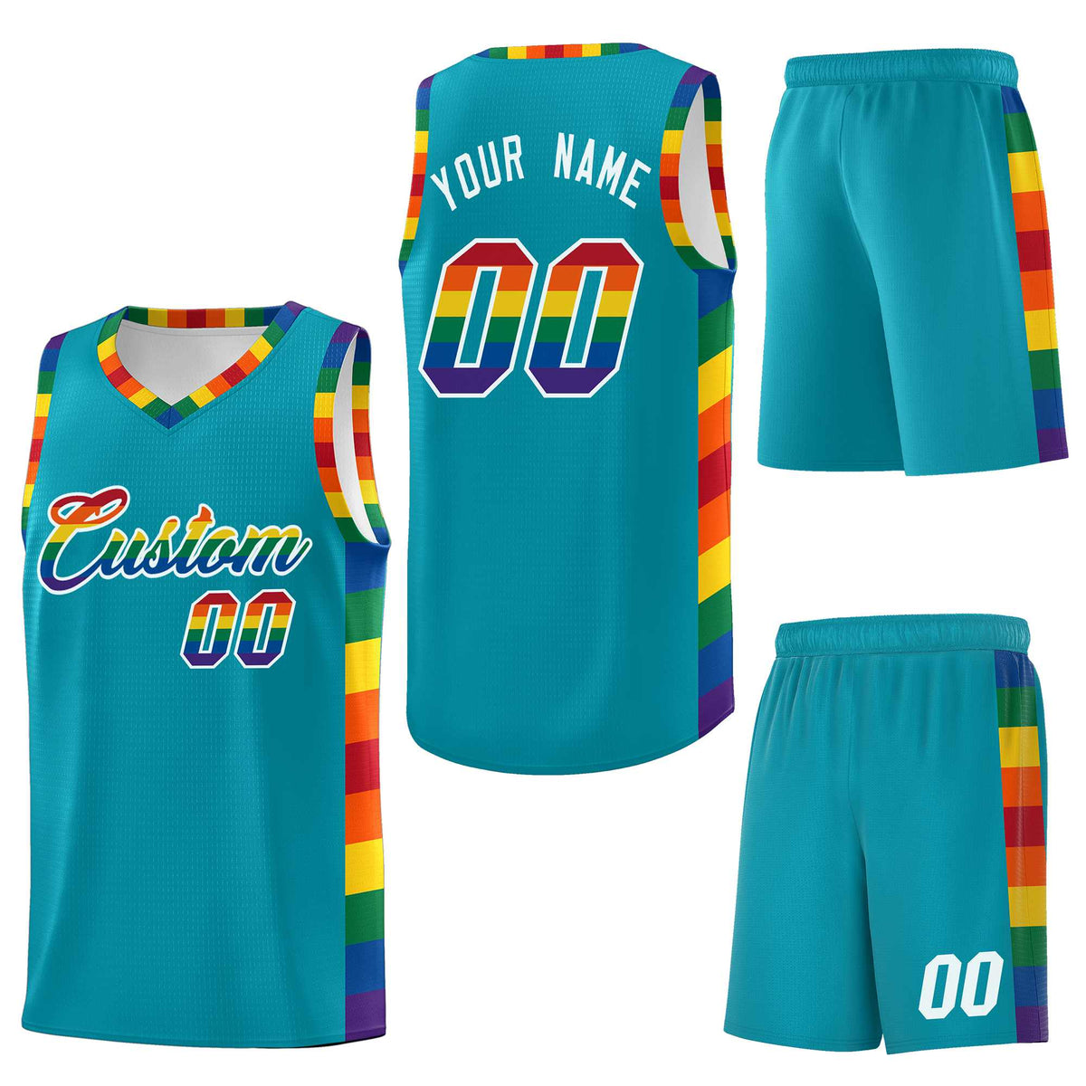 Custom Aqua LGBT Rainbow For Pride Month Sports Uniform Basketball Jersey