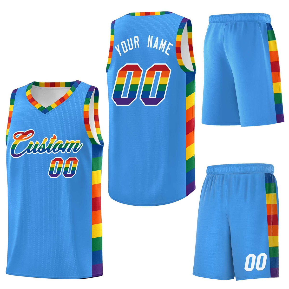 Custom Powder Blue LGBT Rainbow For Pride Month Sports Uniform Basketball Jersey