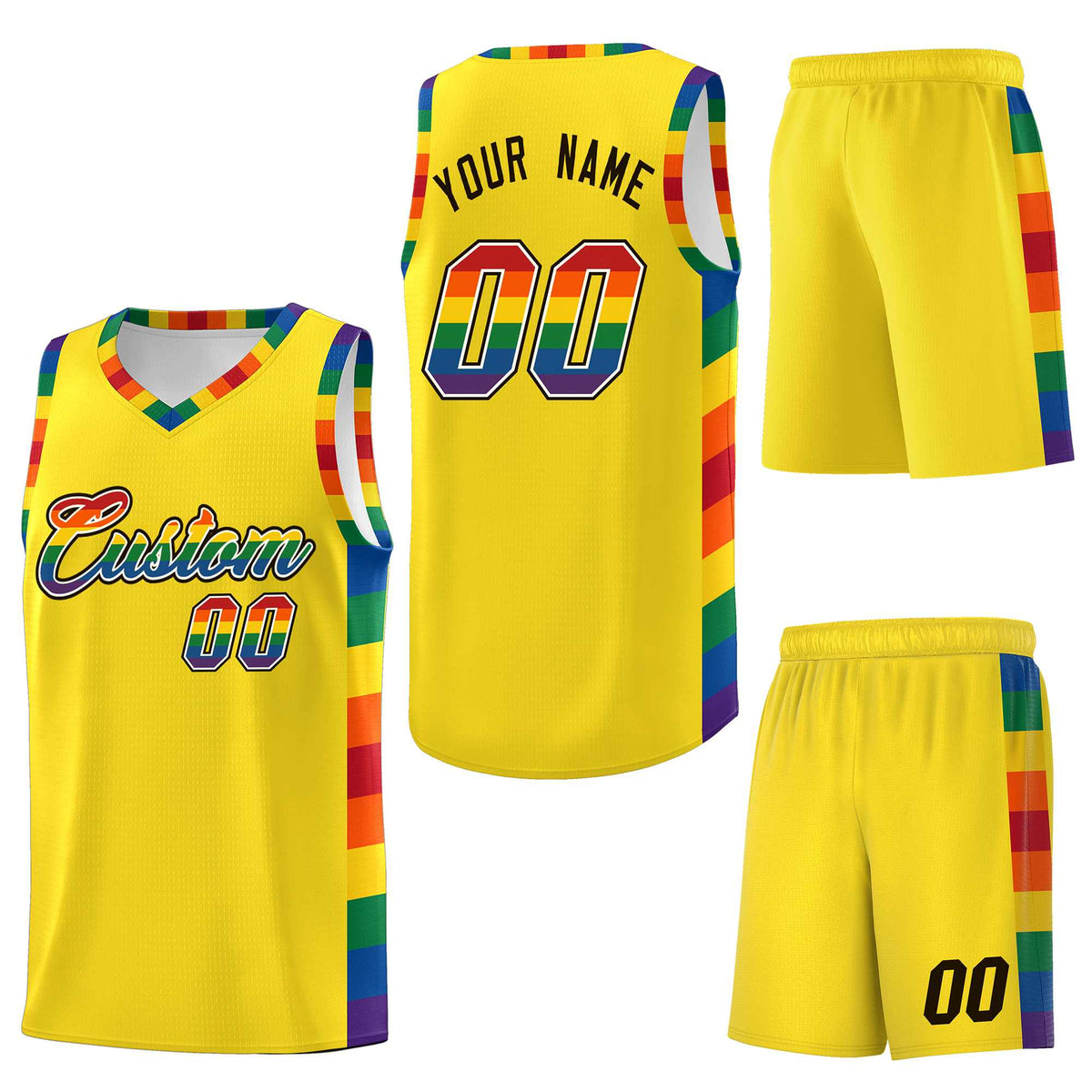 Custom Yellow LGBT Rainbow For Pride Month Sports Uniform Basketball Jersey