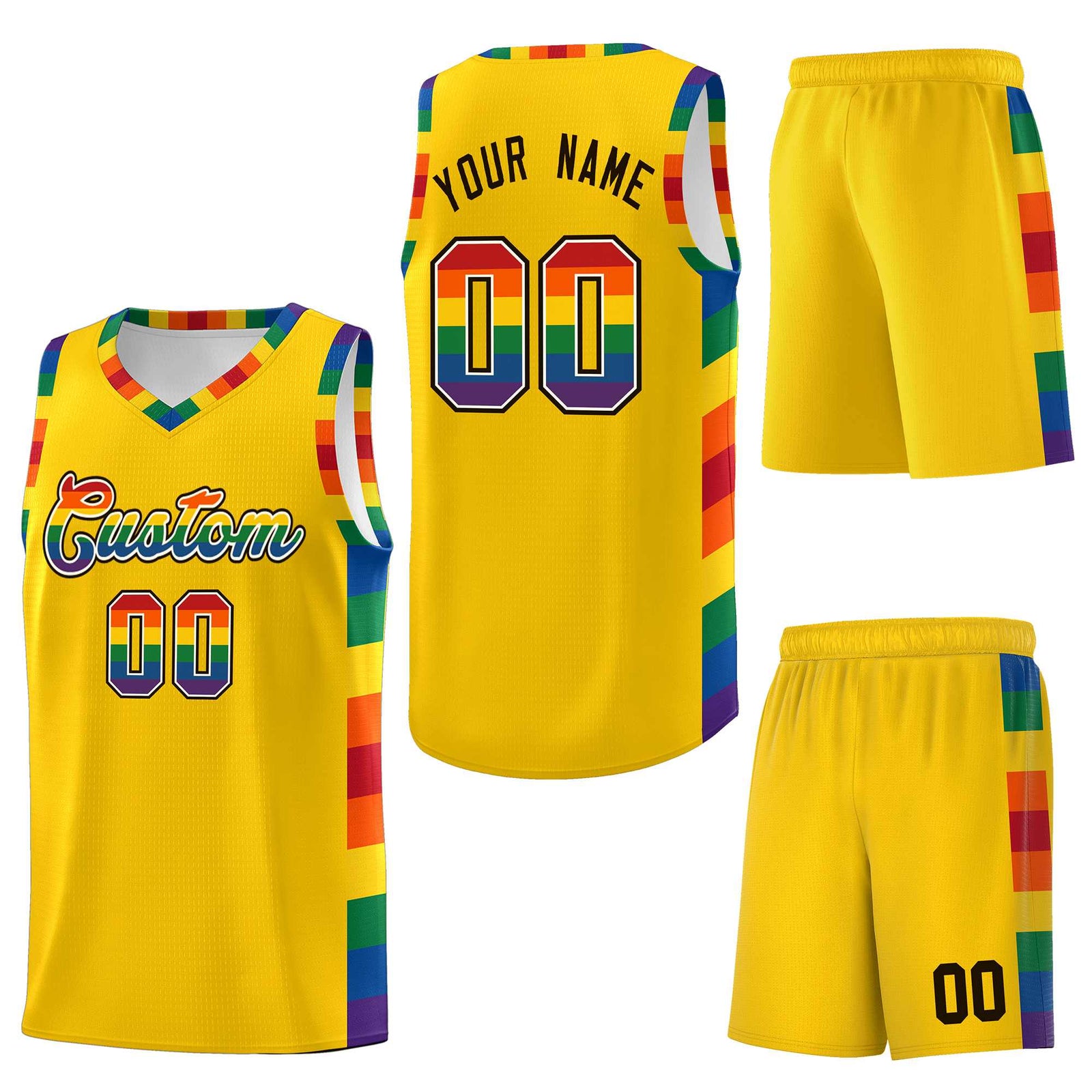 Custom Gold LGBT Rainbow For Pride Month Sports Uniform Basketball Jersey