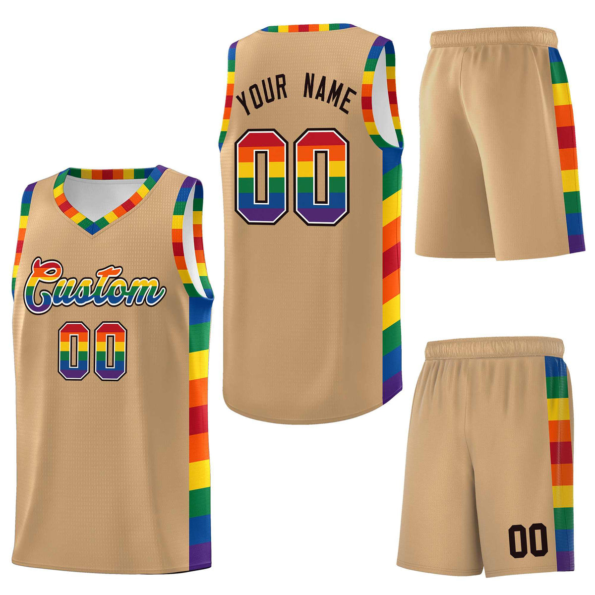 Custom Old Gold LGBT Rainbow For Pride Month Sports Uniform Basketball Jersey