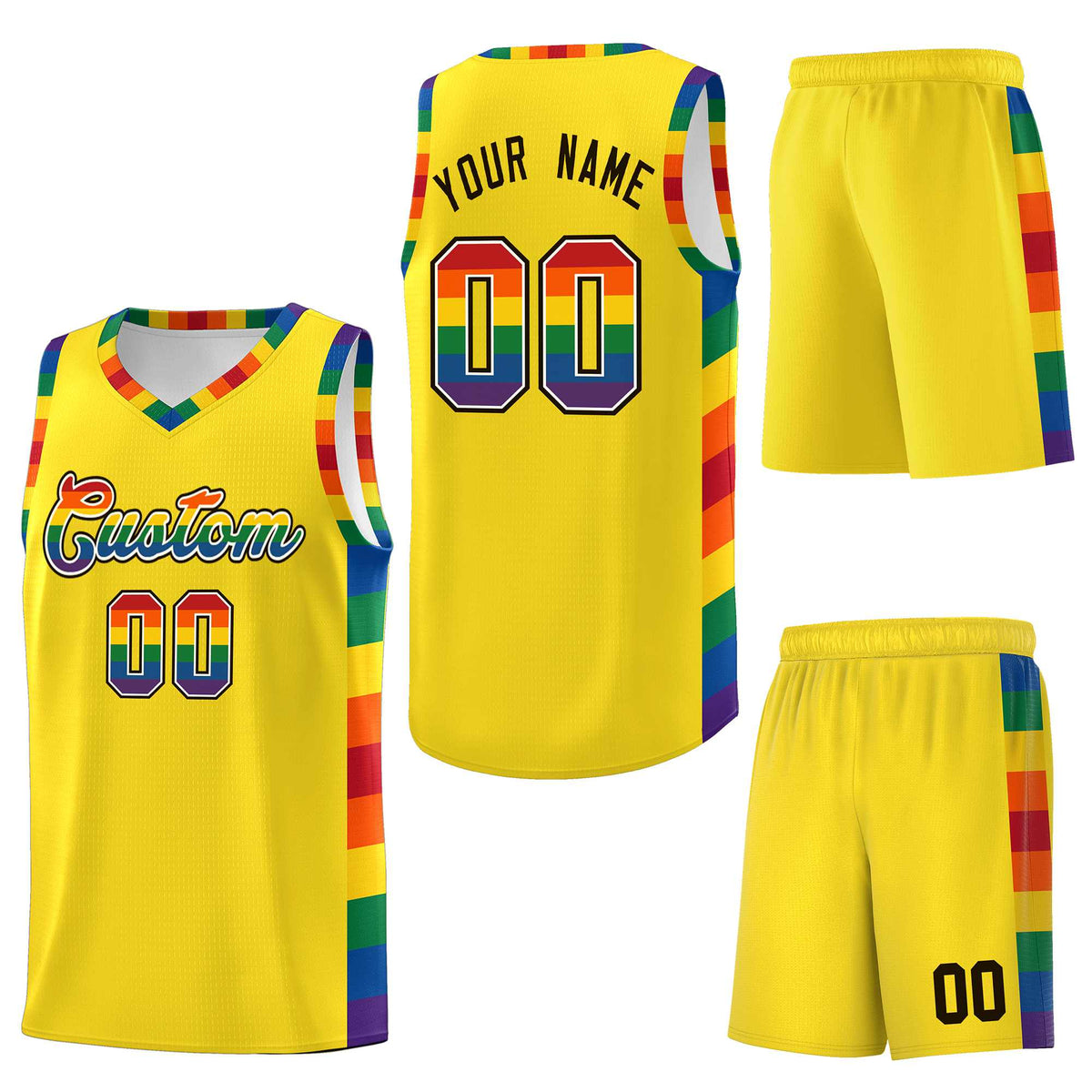 Custom Yellow LGBT Rainbow For Pride Month Sports Uniform Basketball Jersey