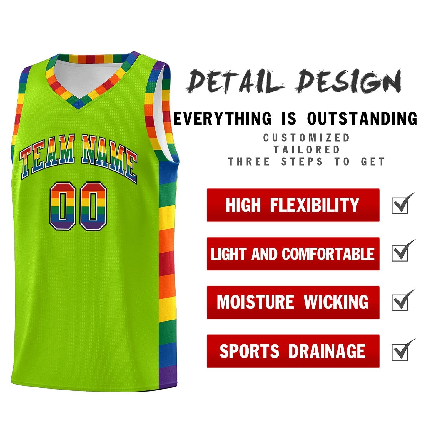 Custom Neon Green LGBT Rainbow For Pride Month Sports Uniform Basketball Jersey
