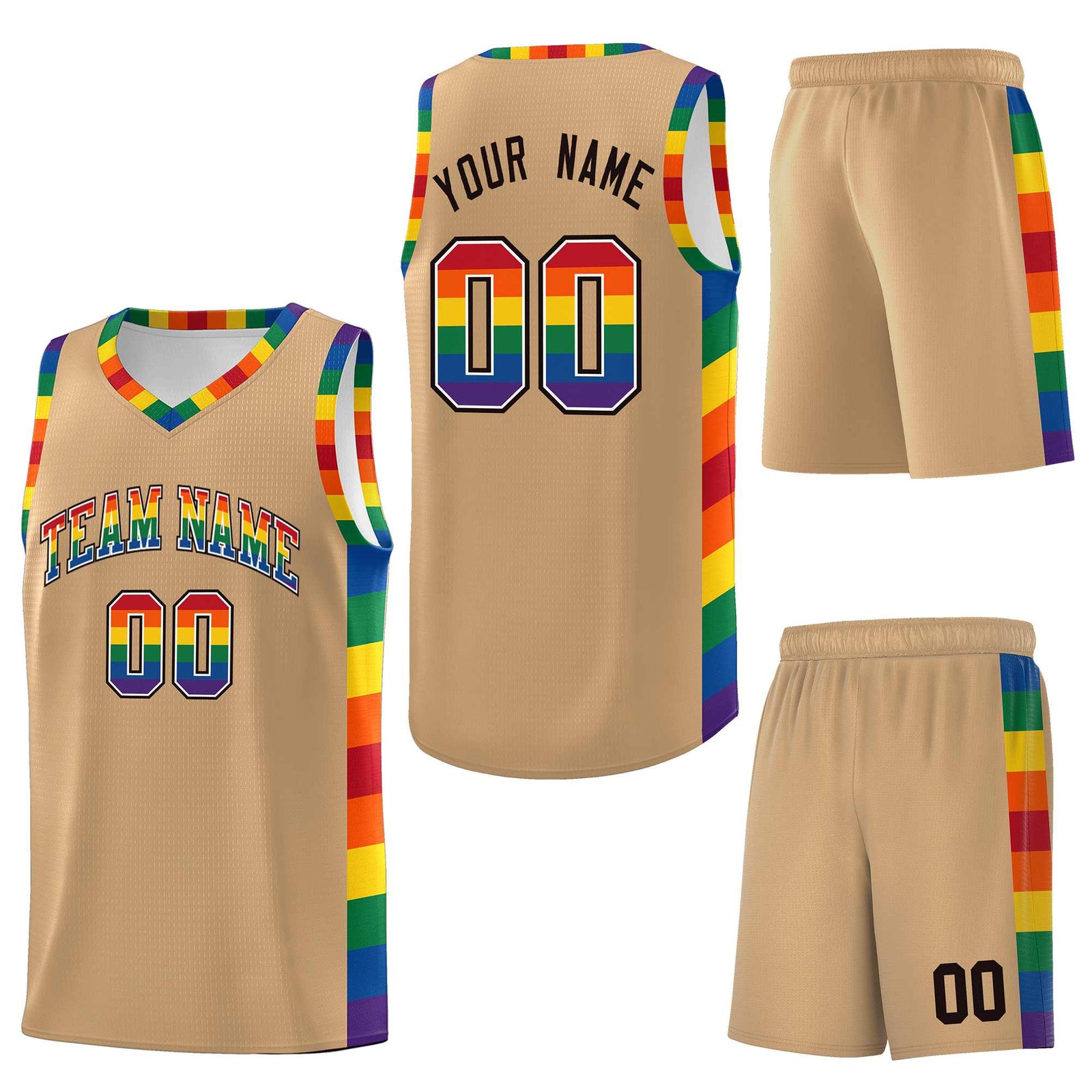 Custom Old Gold LGBT Rainbow For Pride Month Sports Uniform Basketball Jersey