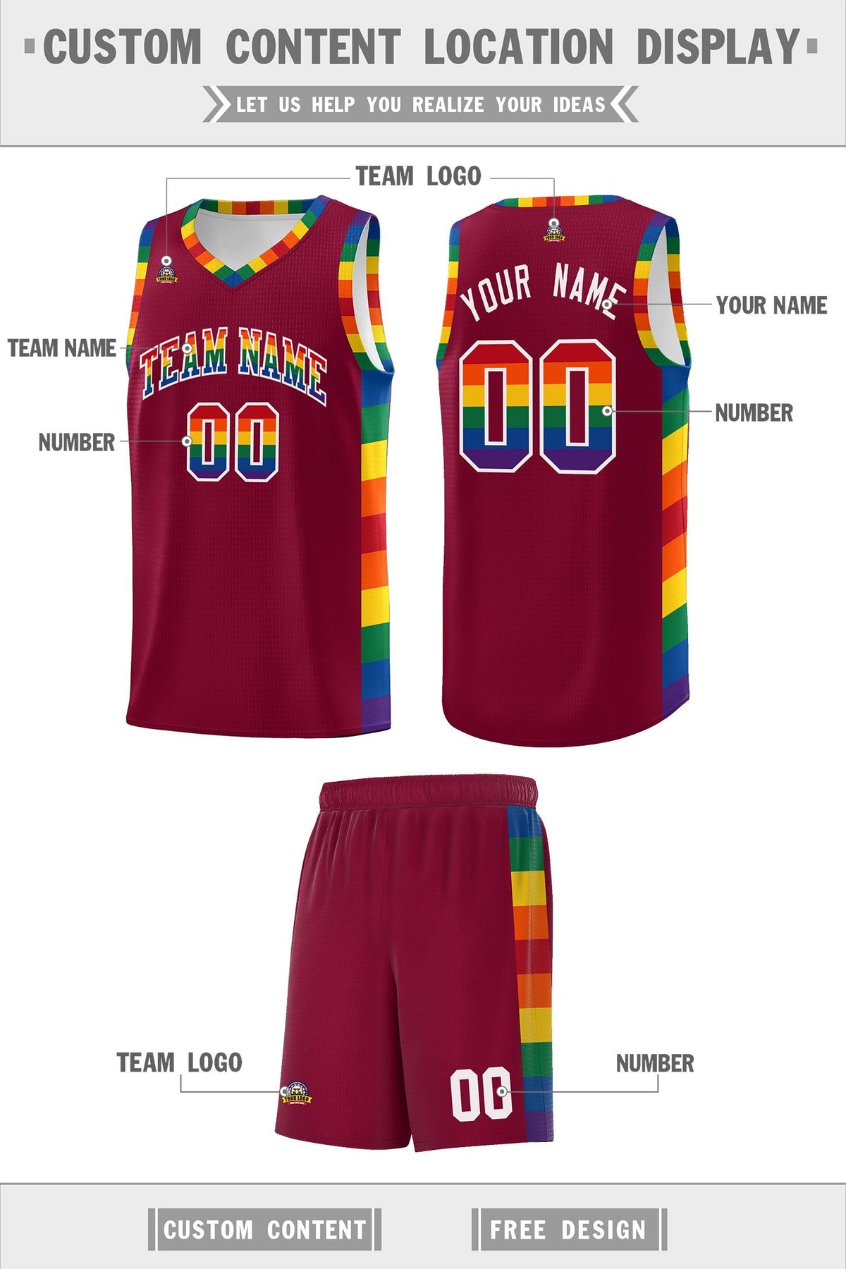 Custom Crimson LGBT Rainbow For Pride Month Sports Uniform Basketball Jersey