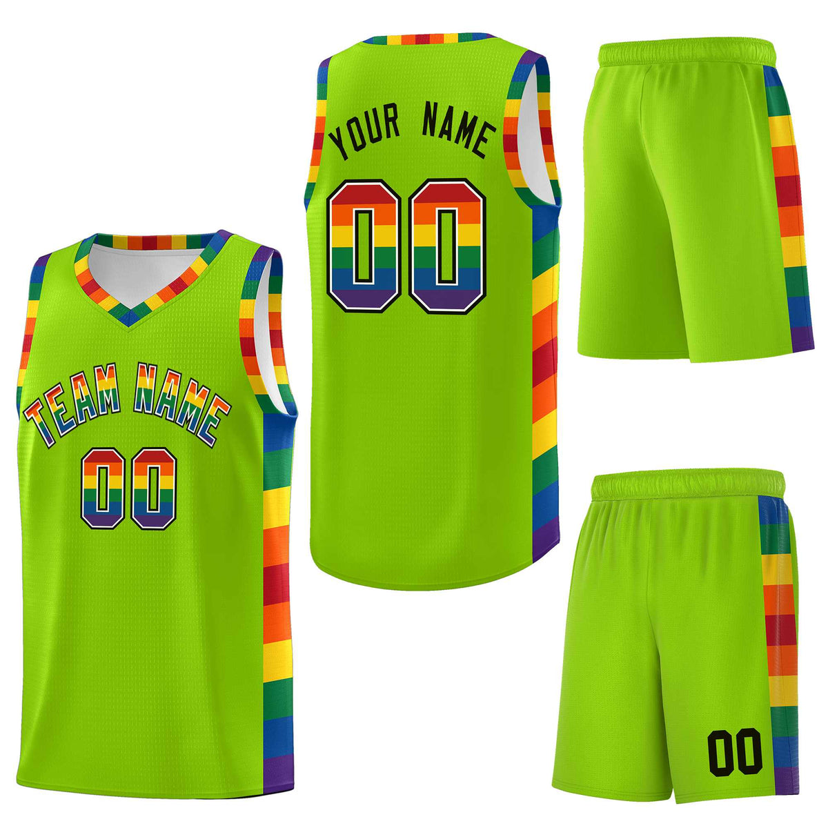 Custom Neon Green LGBT Rainbow For Pride Month Sports Uniform Basketball Jersey
