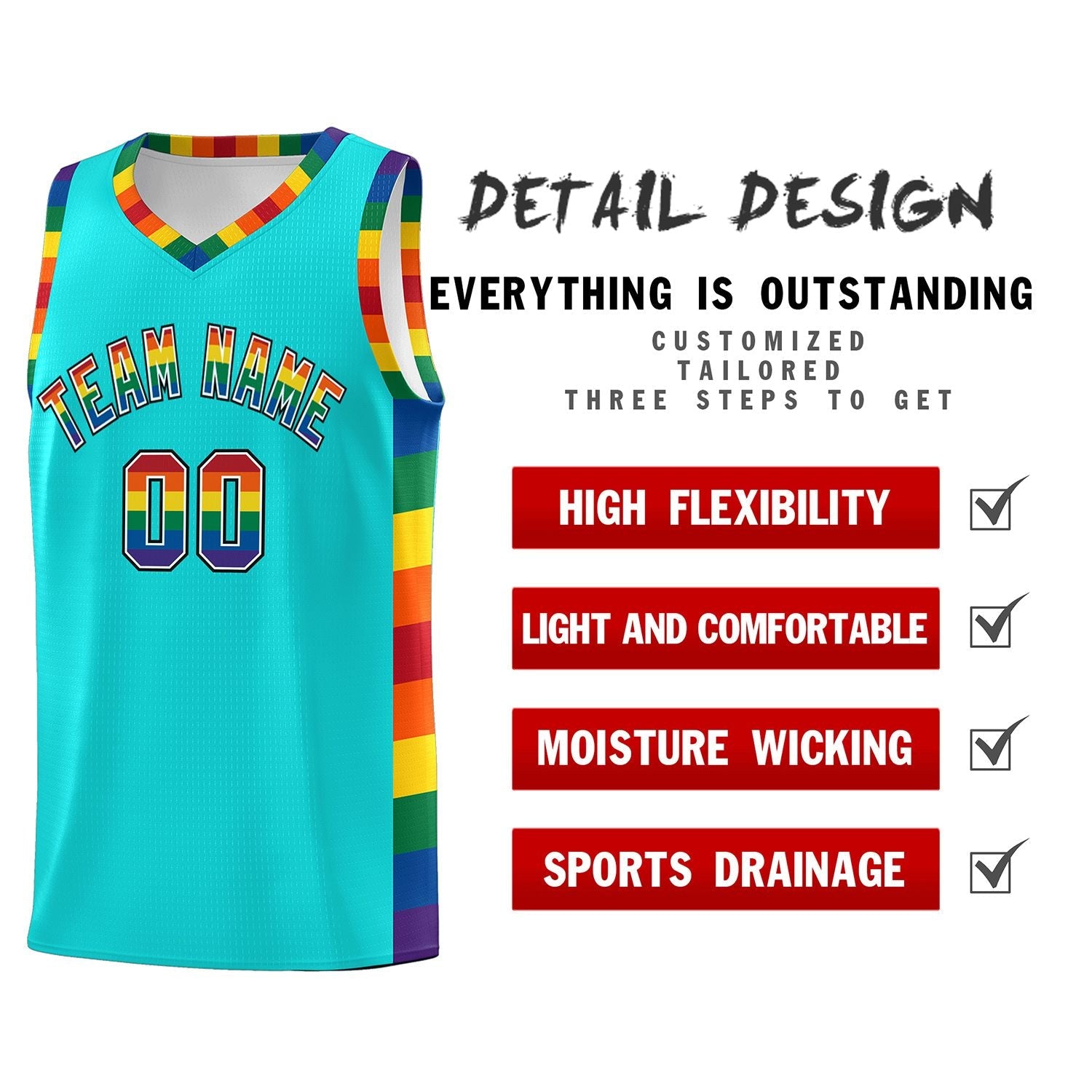 Custom Sky Blue LGBT Rainbow For Pride Month Sports Uniform Basketball Jersey