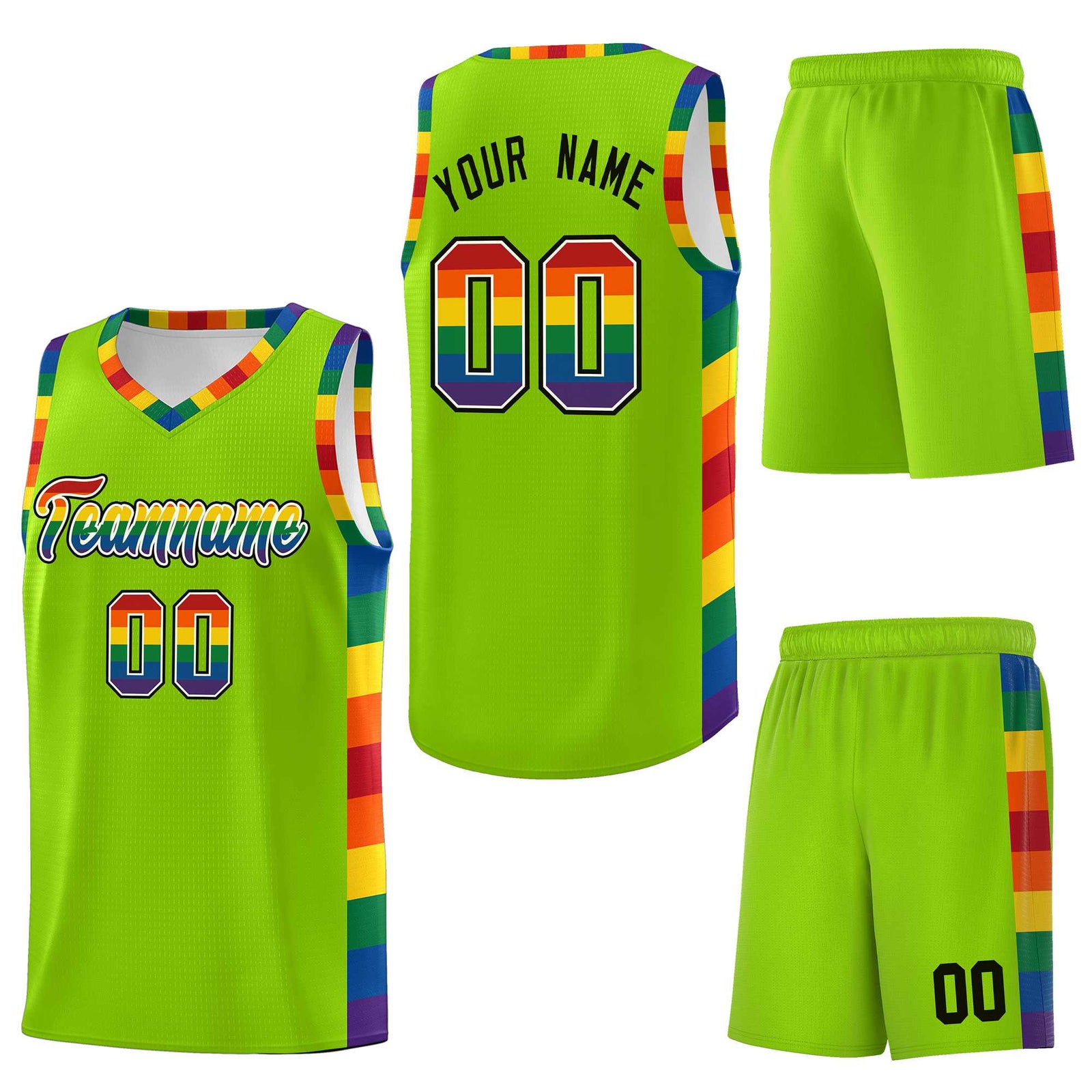 Custom Neon Green LGBT Rainbow For Pride Month Sports Uniform Basketball Jersey