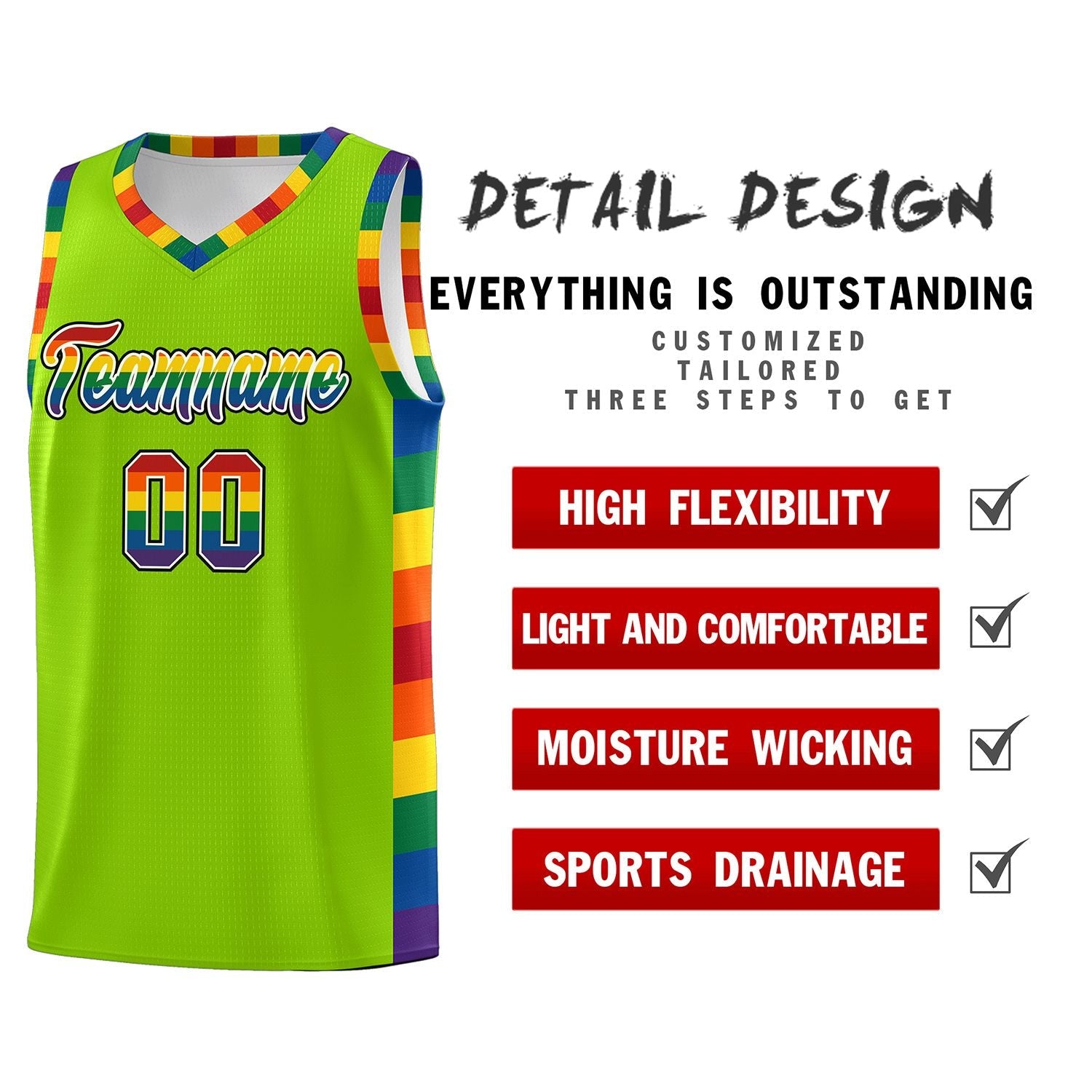 Custom Neon Green LGBT Rainbow For Pride Month Sports Uniform Basketball Jersey