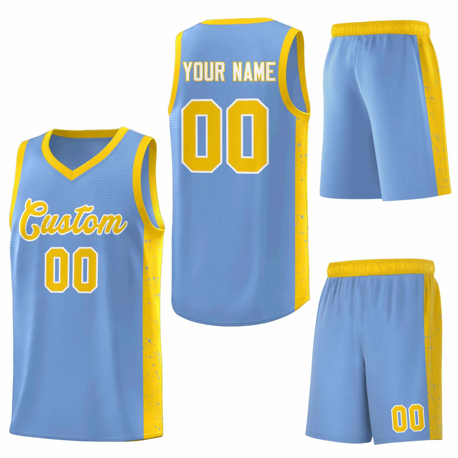 Custom Light Blue Gold-White Side Splash Sports Uniform Basketball Jersey