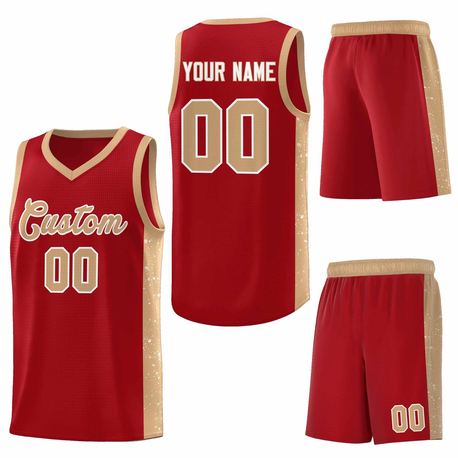 Custom Red Old Gold-White Side Splash Sports Uniform Basketball Jersey