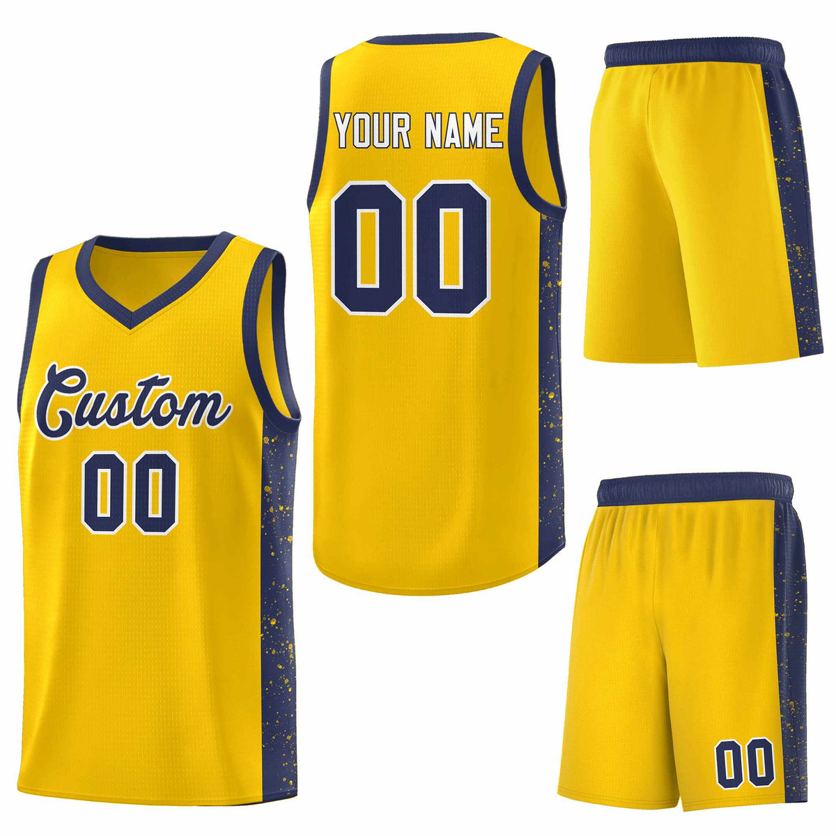 Custom Gold Navy-White Side Splash Sports Uniform Basketball Jersey