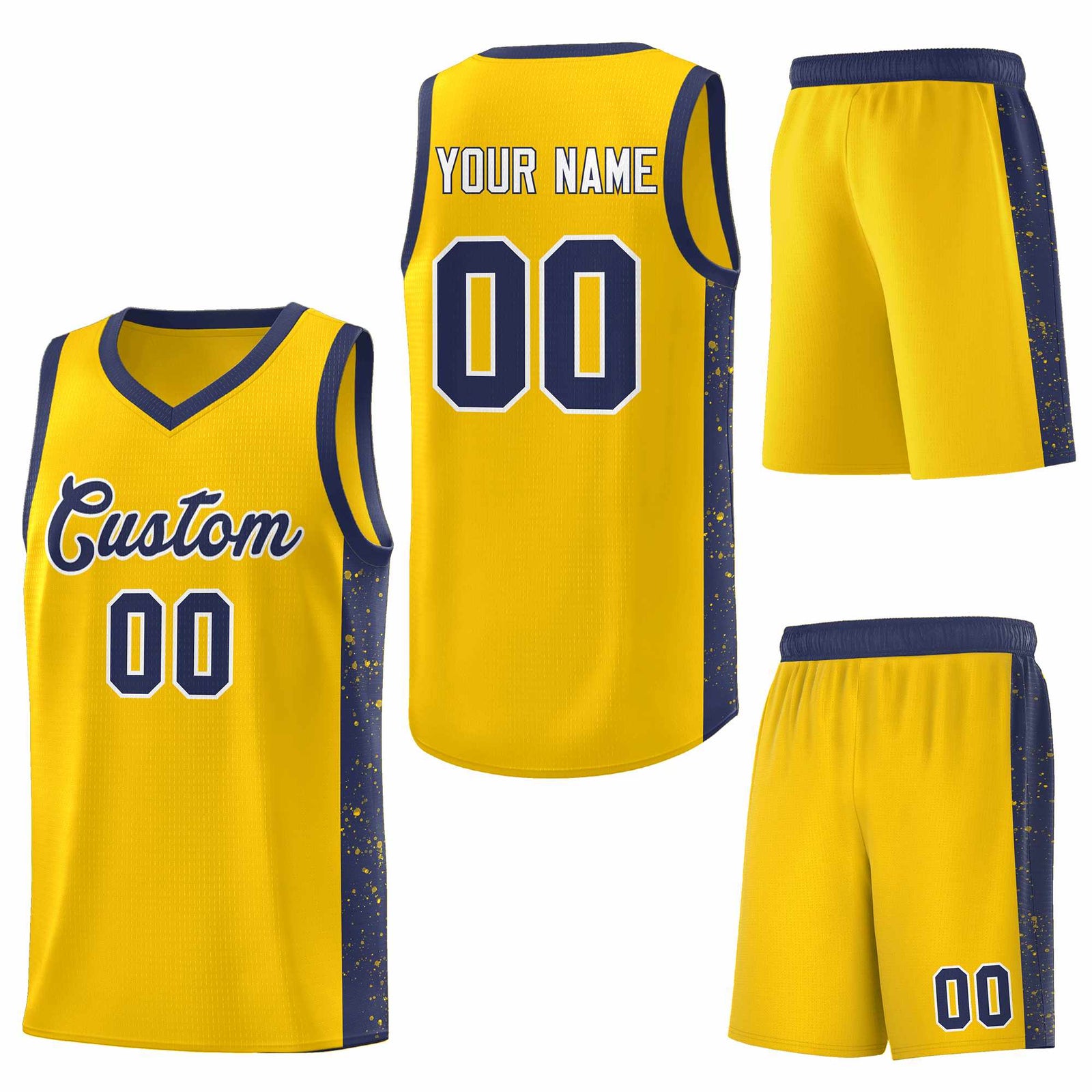 Custom Gold Navy-White Side Splash Sports Uniform Basketball Jersey