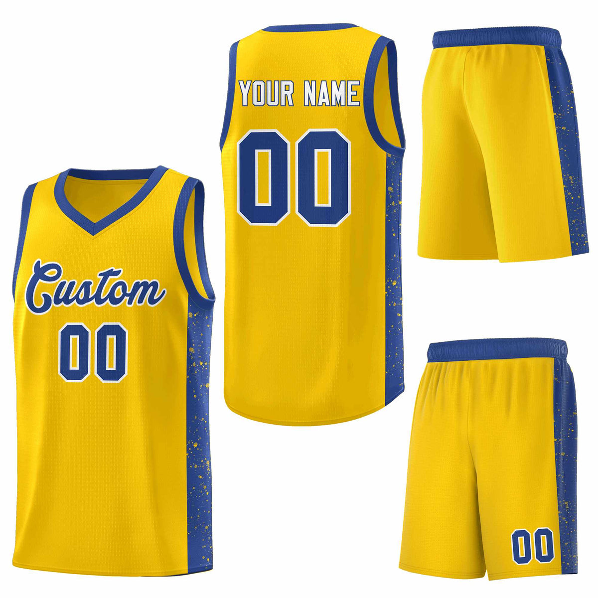 Custom Gold Royal-White Side Splash Sports Uniform Basketball Jersey